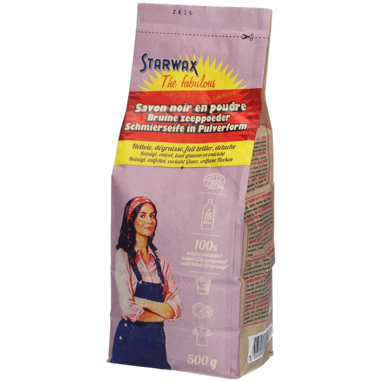 Beutel mit STARWAX Bruine zeep in Pulverform. Frau mit Kopftuch auf der Verpackung. Text in Deutsch und Niederländisch.