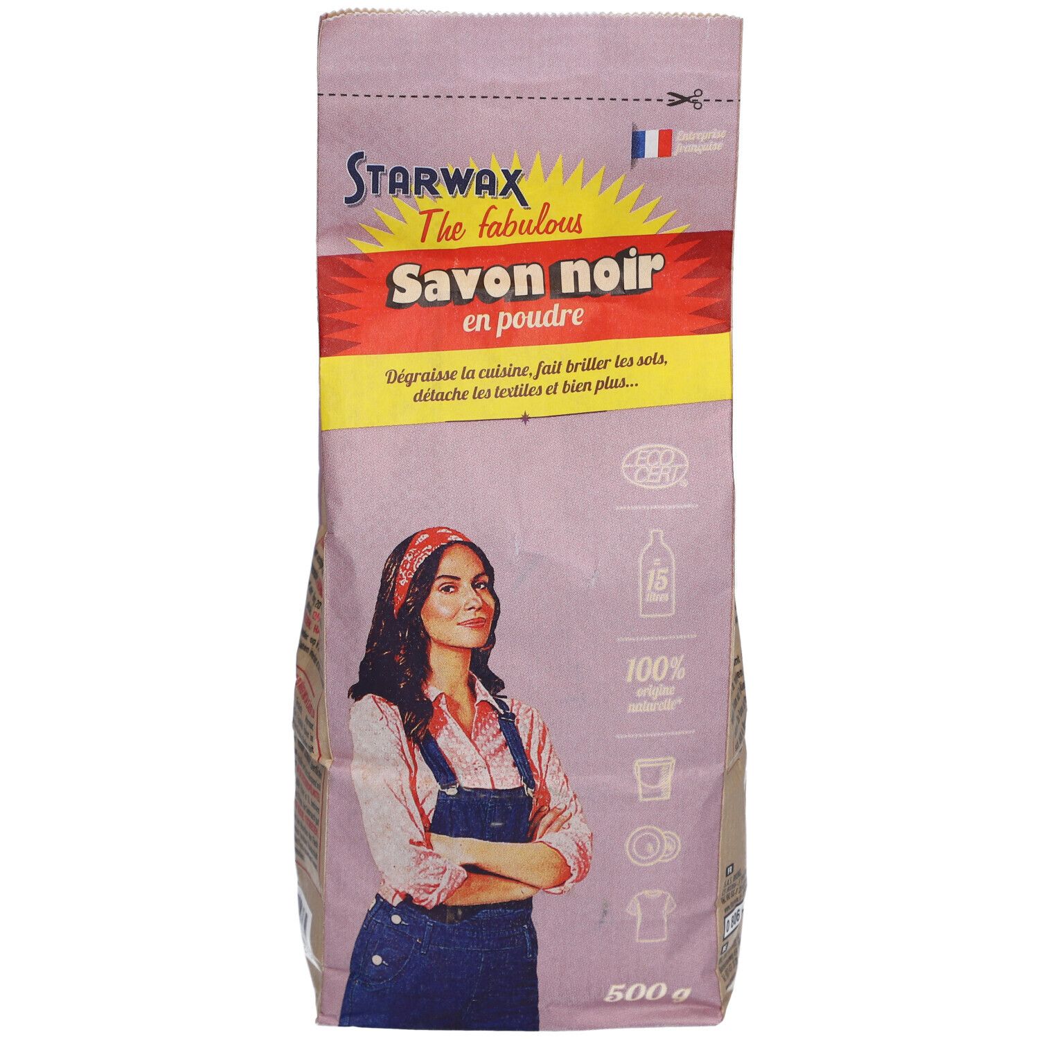 Beutel mit STARWAX Savon noir en poudre. Frau mit Kopftuch auf der Verpackung. Französische Flagge.
