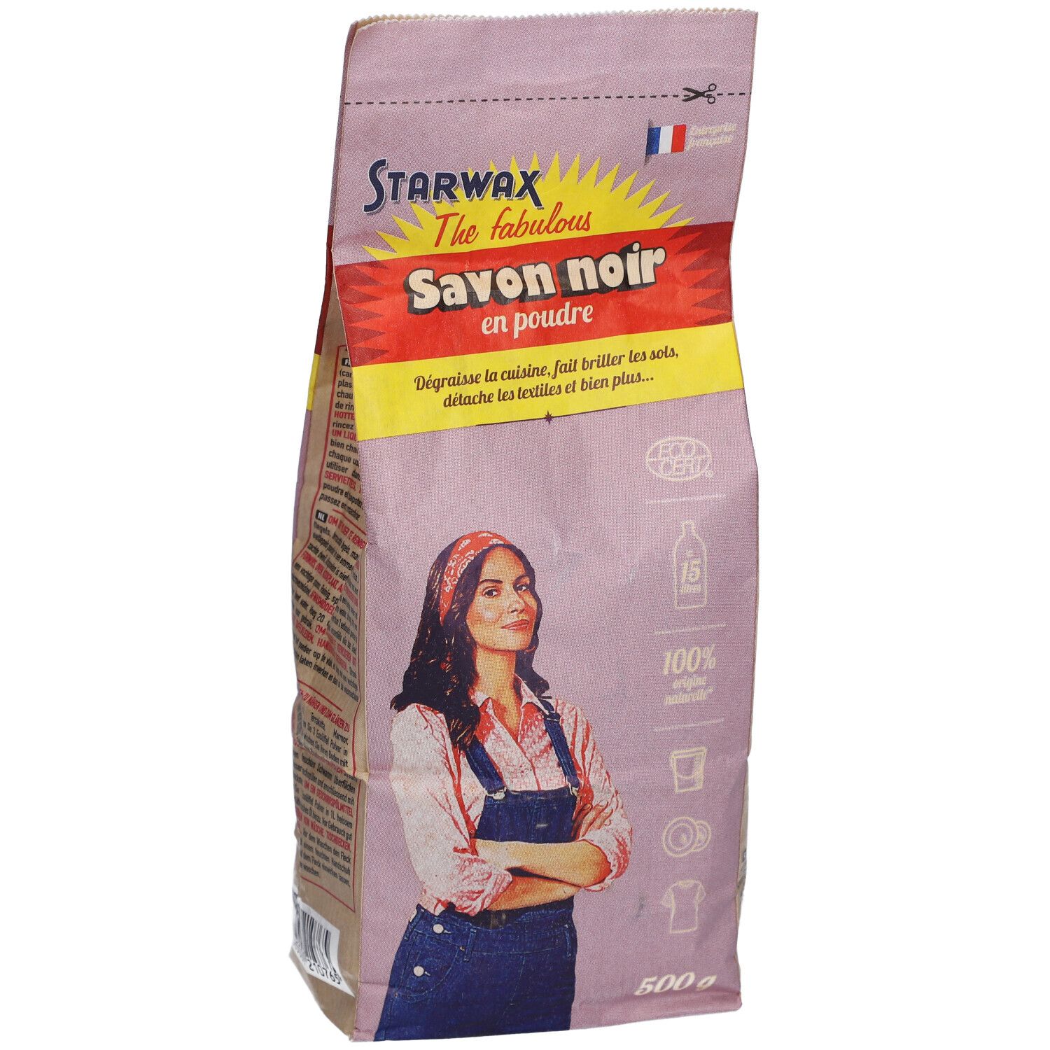 Beutel mit STARWAX Savon noir en poudre. Frau mit Kopftuch auf der Verpackung. Französische Flagge.