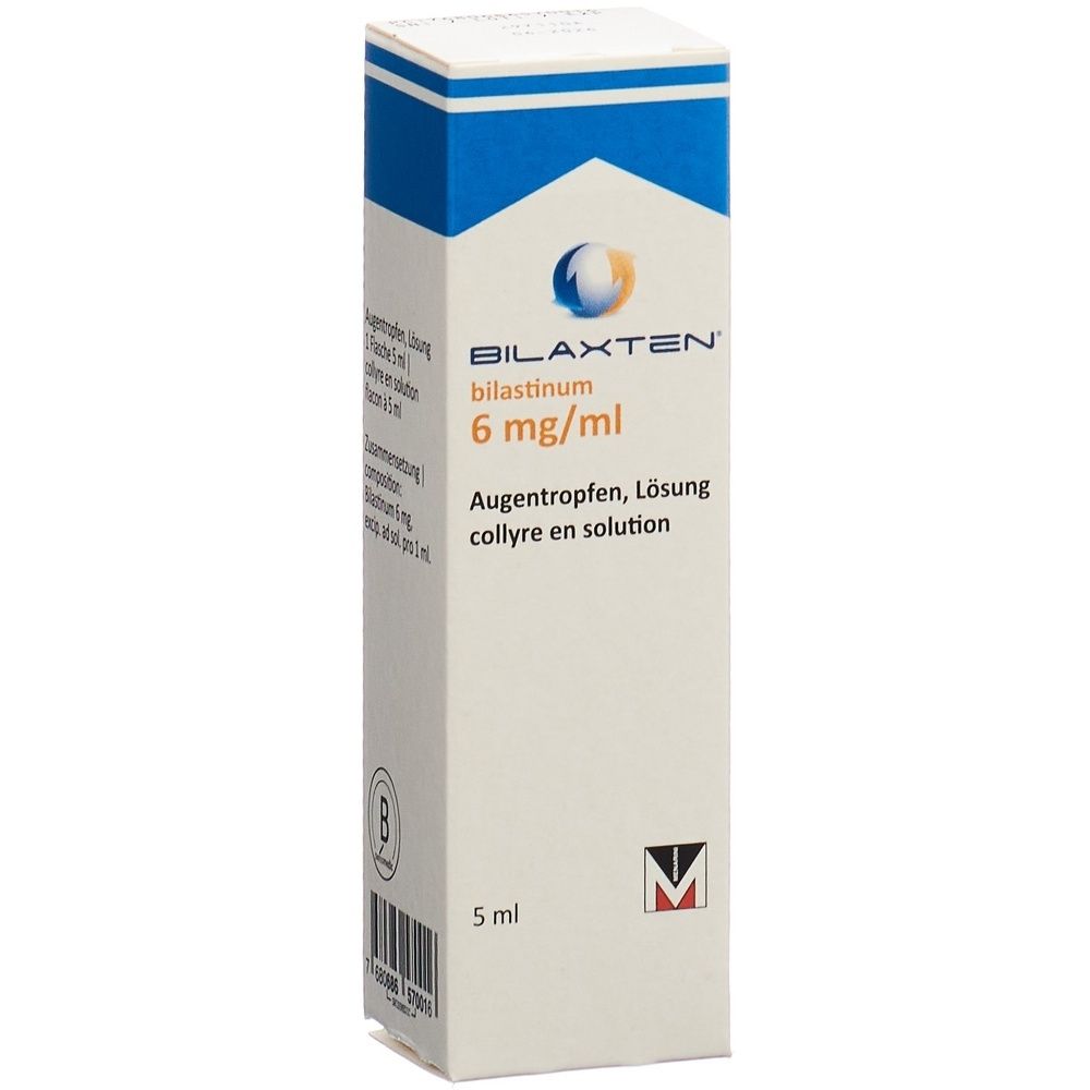 Schachtel mit Augentropfen. Aufschrift: BILAXTEN, bilastinum 6 mg/ml, Augentropfen, Lösung, collyre en solution. Volumen: 5 ml.