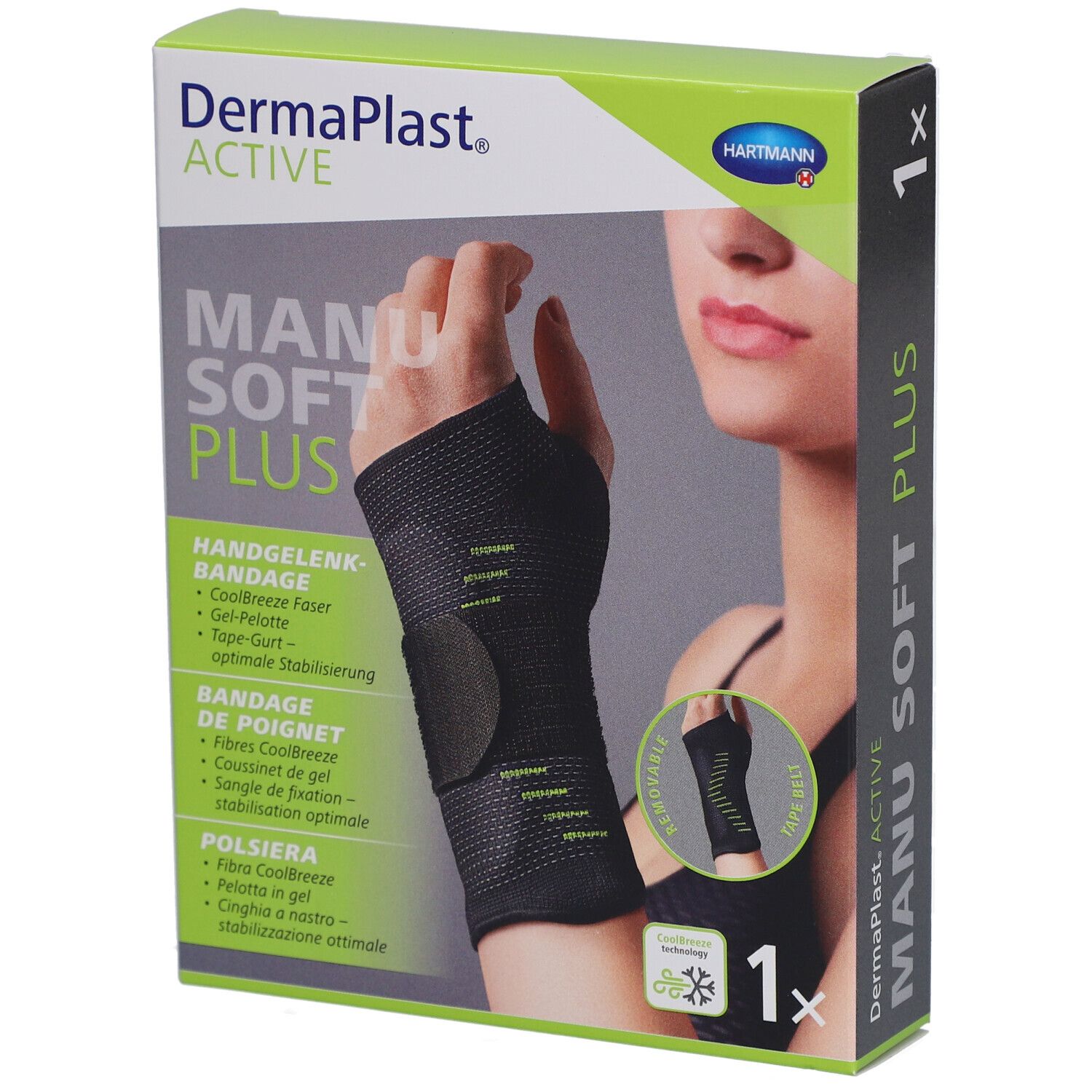 Verpackung der DermaPlast Active Manu Soft Plus Handgelenkbandage. Produktabbildung und Produktname.