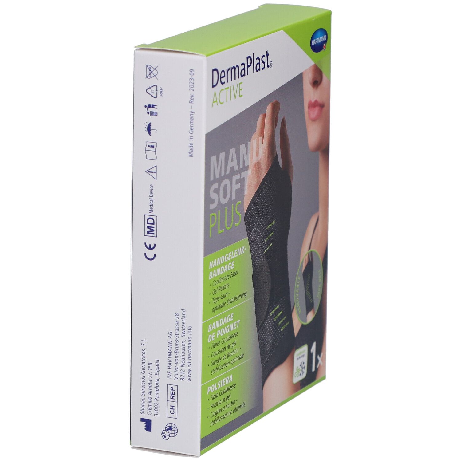 Seitenansicht der Verpackung der Handgelenkbandage. Produktname, Logo und Informationen.