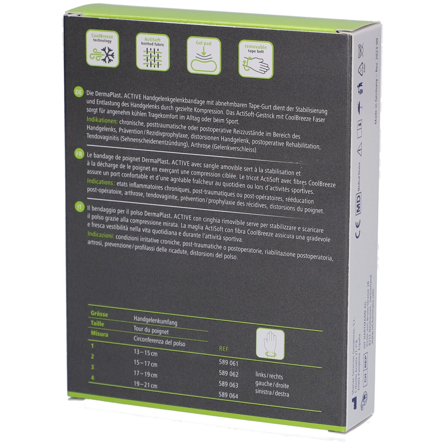 Rückseite der Verpackung der Handgelenkbandage. Produktinformationen, Größenangaben und Zertifizierungen.