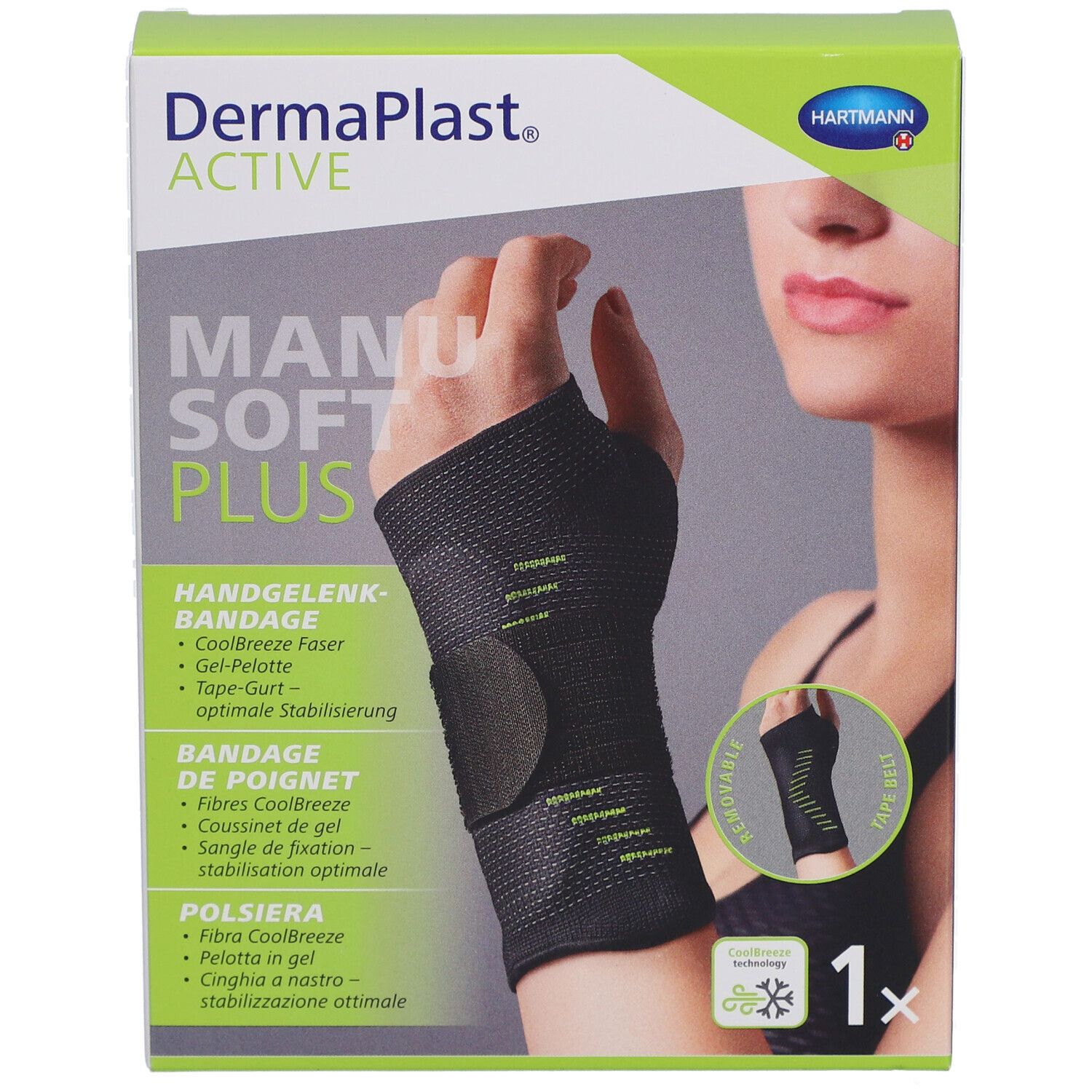 Verpackung der Handgelenkbandage. Produktabbildung und Produktname.