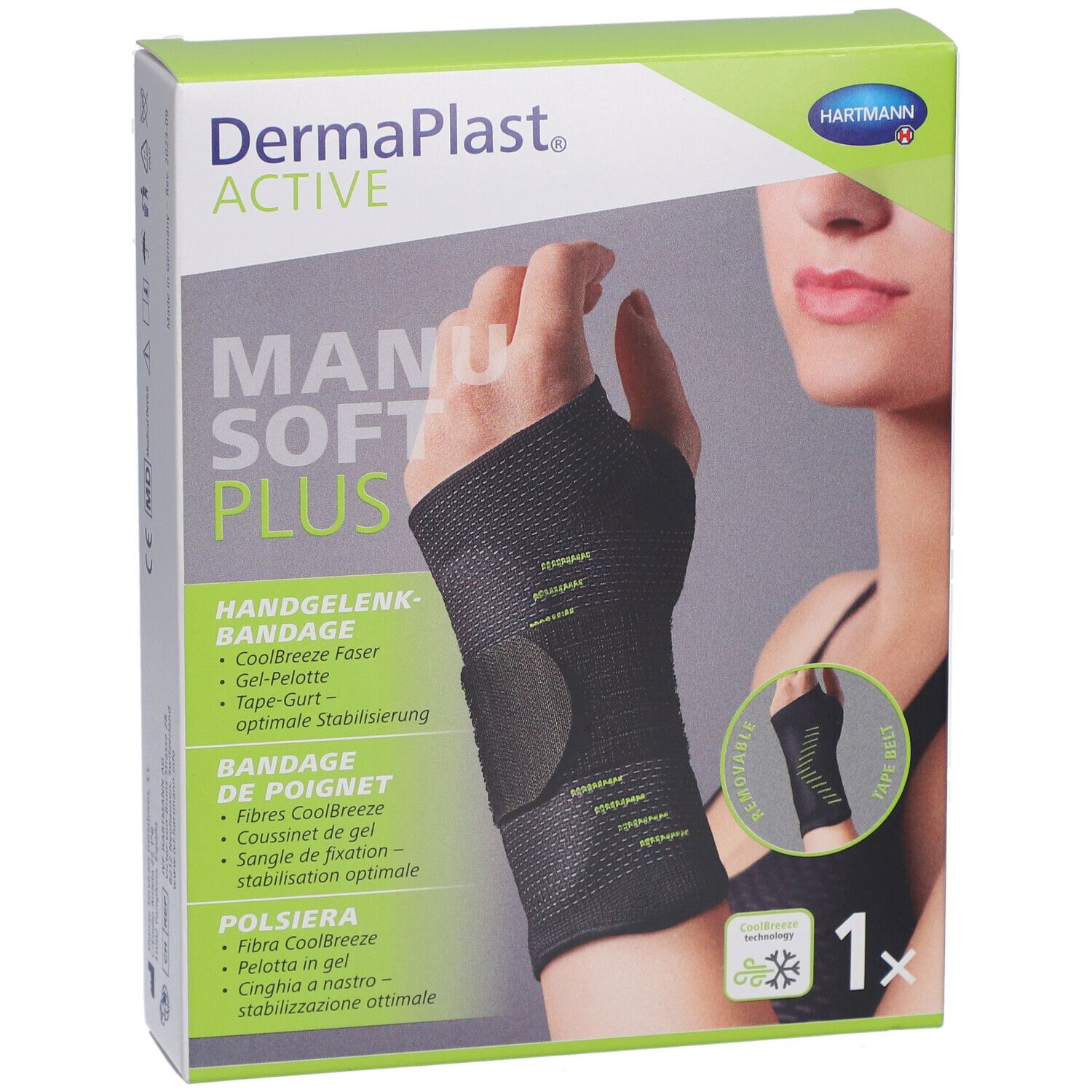 Verpackung der Handgelenkbandage. Produktabbildung und Produktname.