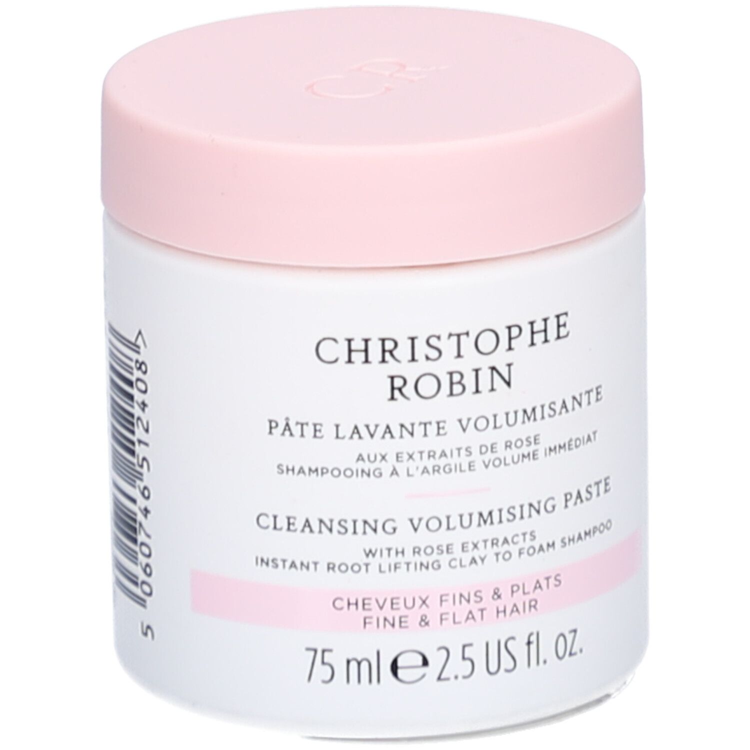Weißer Tiegel mit rosa Deckel. Aufschrift: Christophe Robin, Pâte Lavante Volumisante, 75 ml.