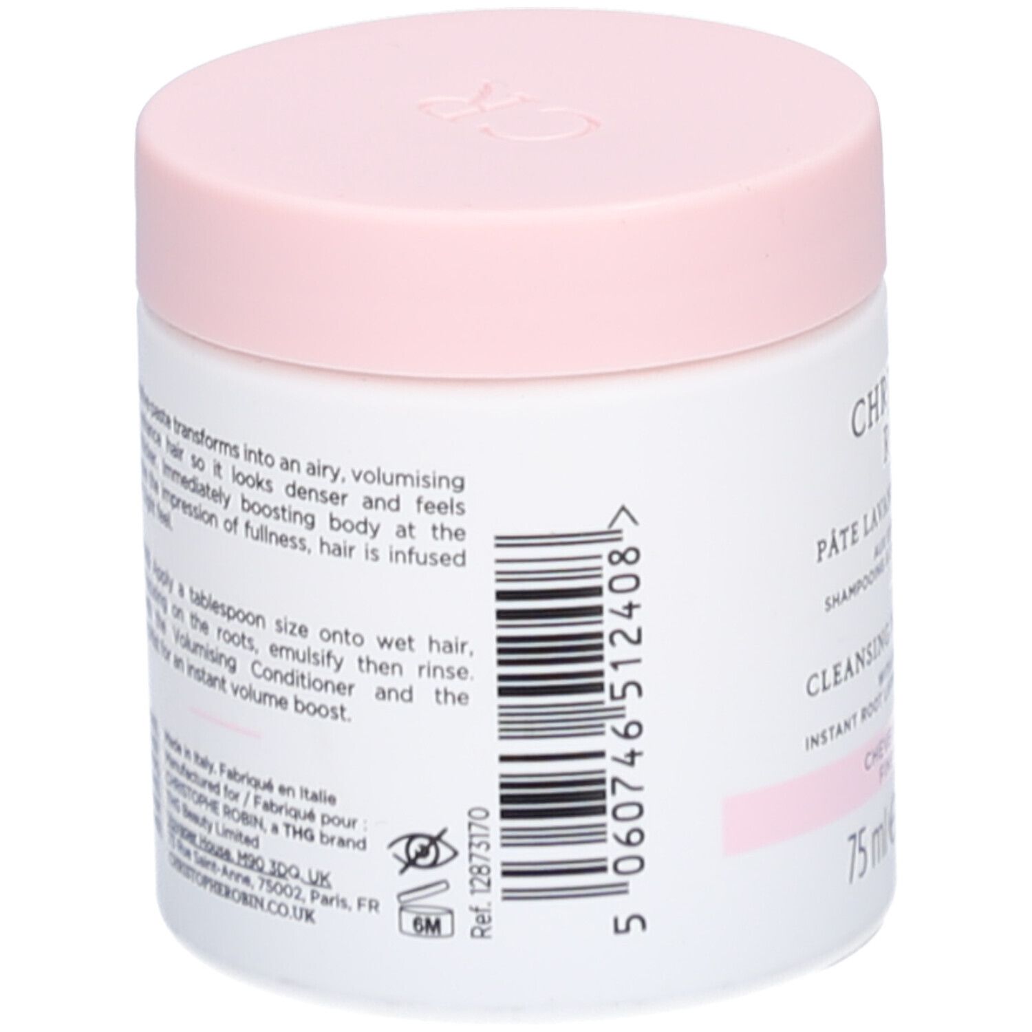Weißer Tiegel mit rosa Deckel. Aufschrift und Barcode. Text in Englisch und Französisch.