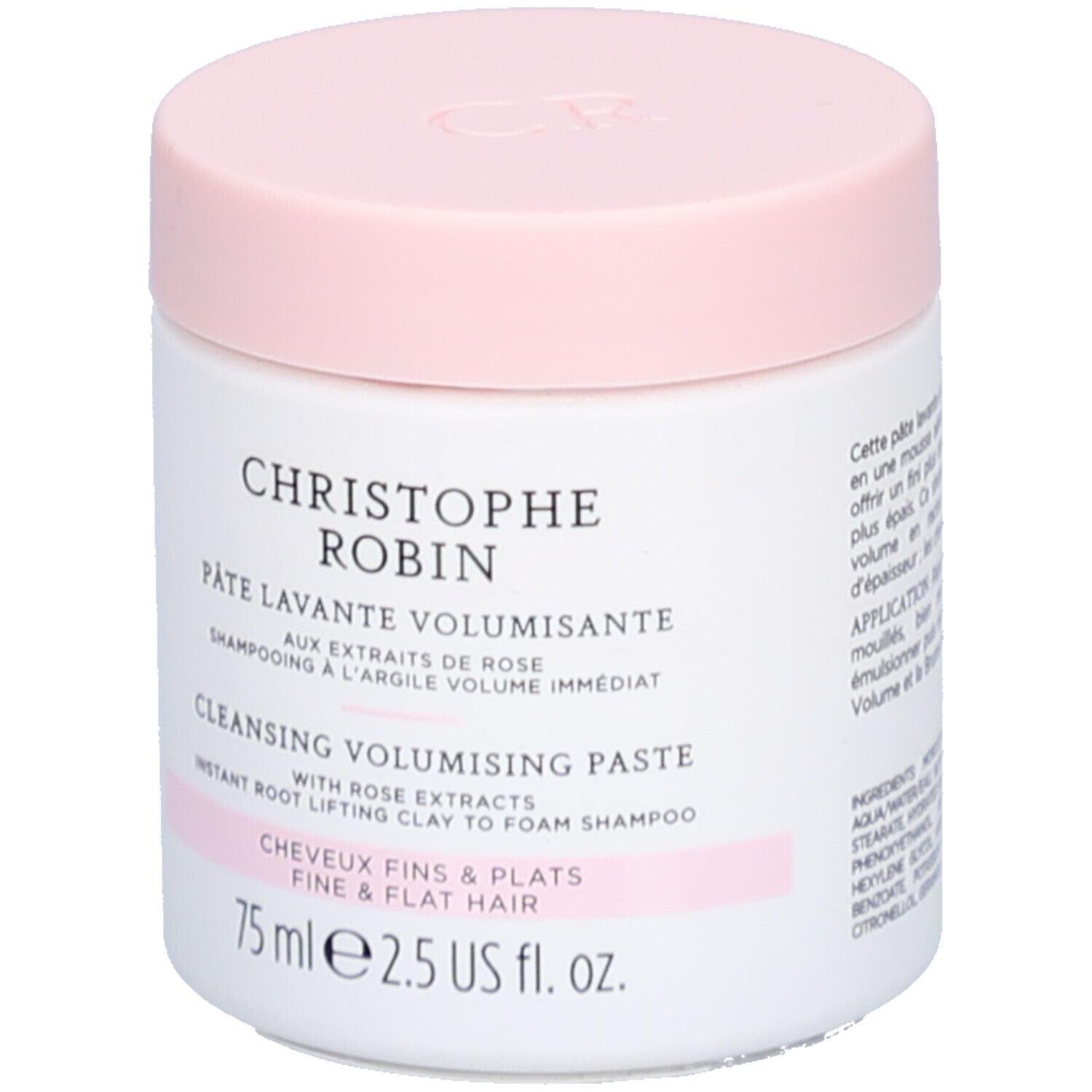 Weißer Tiegel mit rosa Deckel. Aufschrift: Christophe Robin, Pâte Lavante Volumisante, 75 ml.