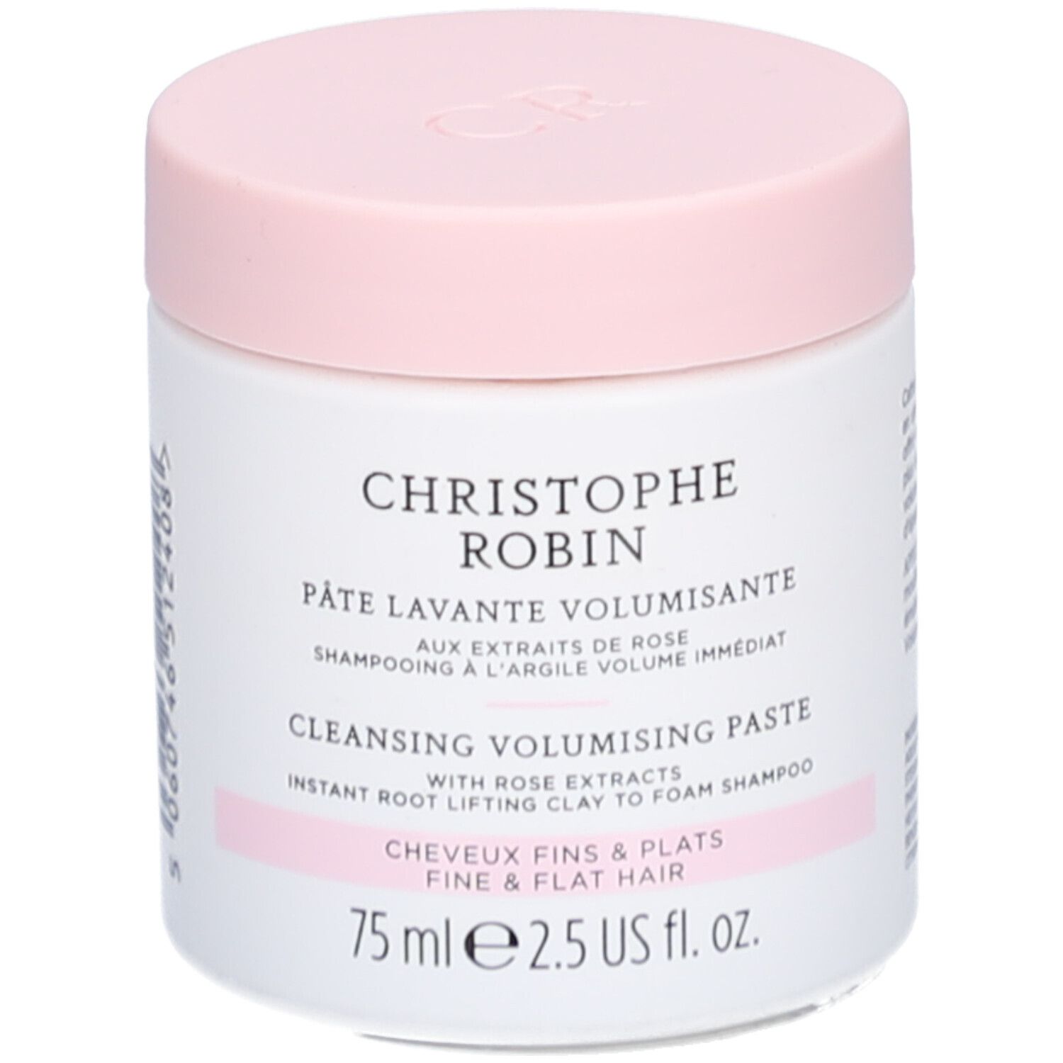 Weißer Tiegel mit rosa Deckel. Aufschrift: Christophe Robin, Pâte Lavante Volumisante, 75 ml.