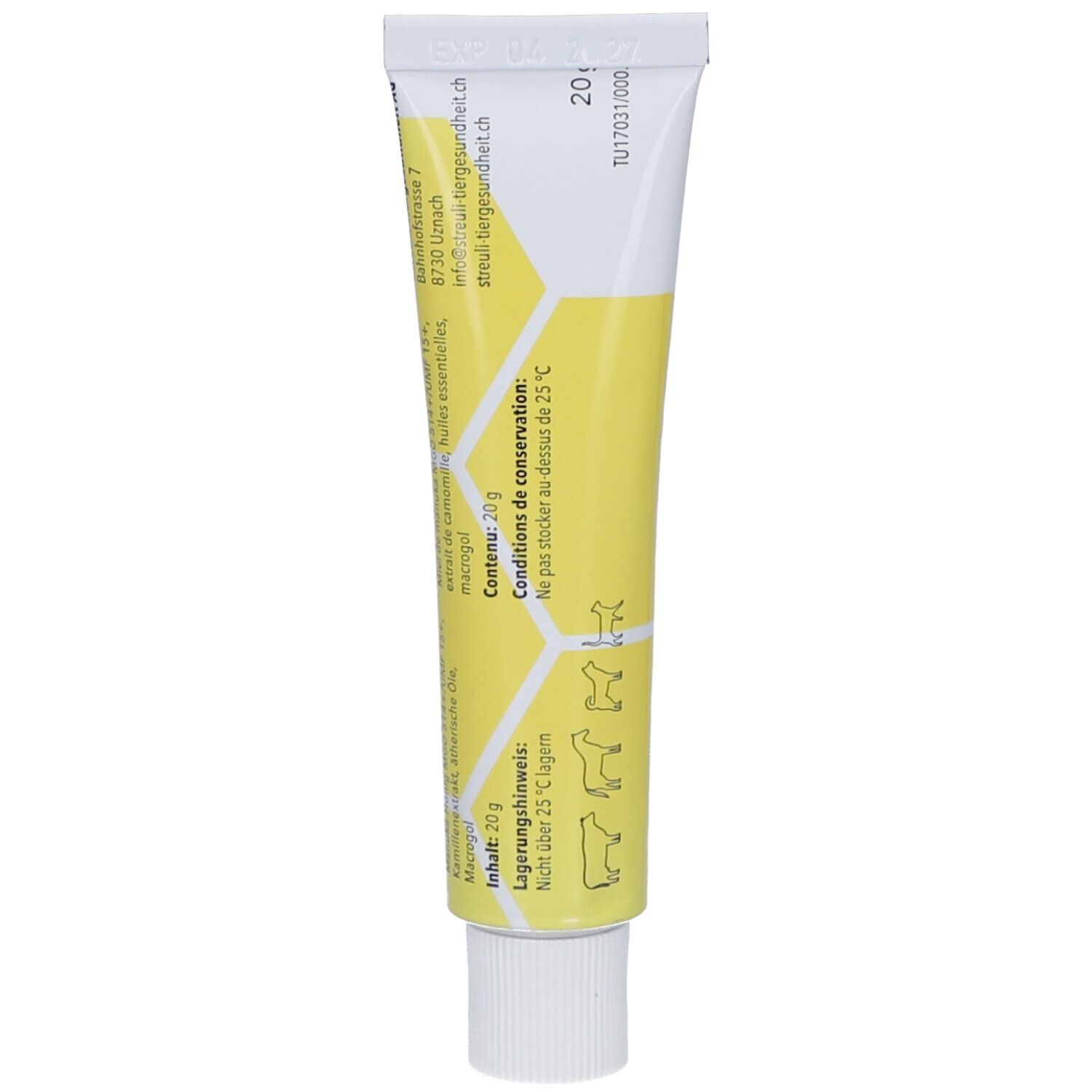 Creme-Tube mit gelbem Design und Text. Enthält 20g. Aufdrucke mit Produktinformationen.