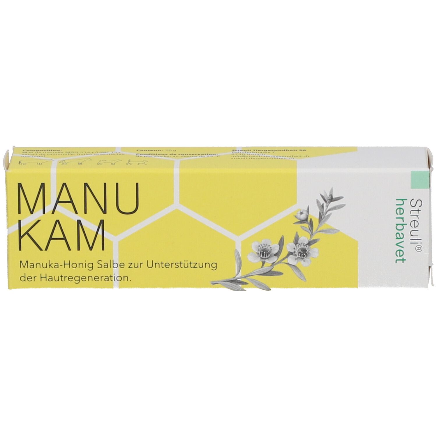 Gelbe Produktverpackung mit Text und Logo. Enthält Creme. Aufdrucke mit Produktinformationen.