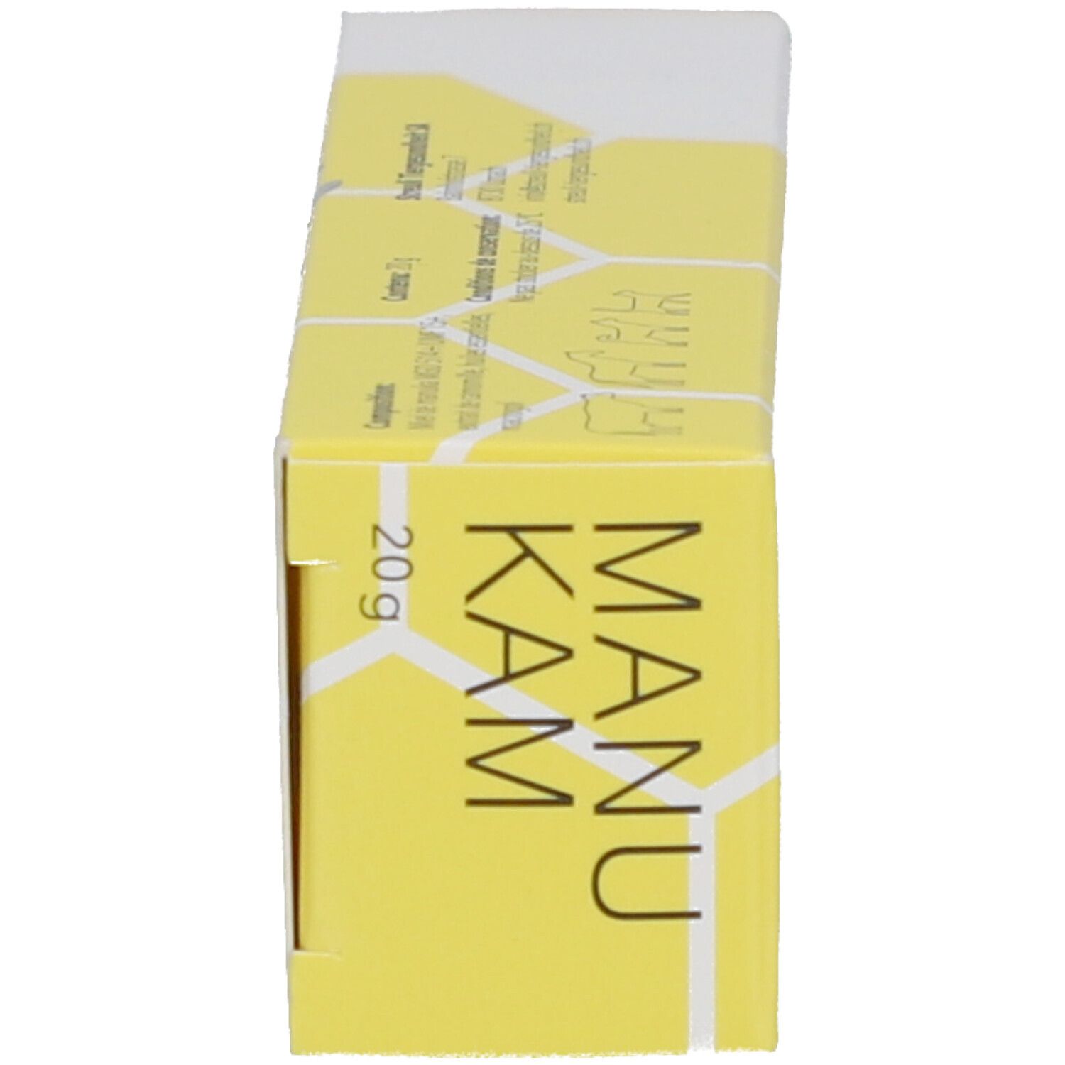 Schachtel mit gelbem Design und Text. Enthält 20g. Aufdrucke mit Produktinformationen.