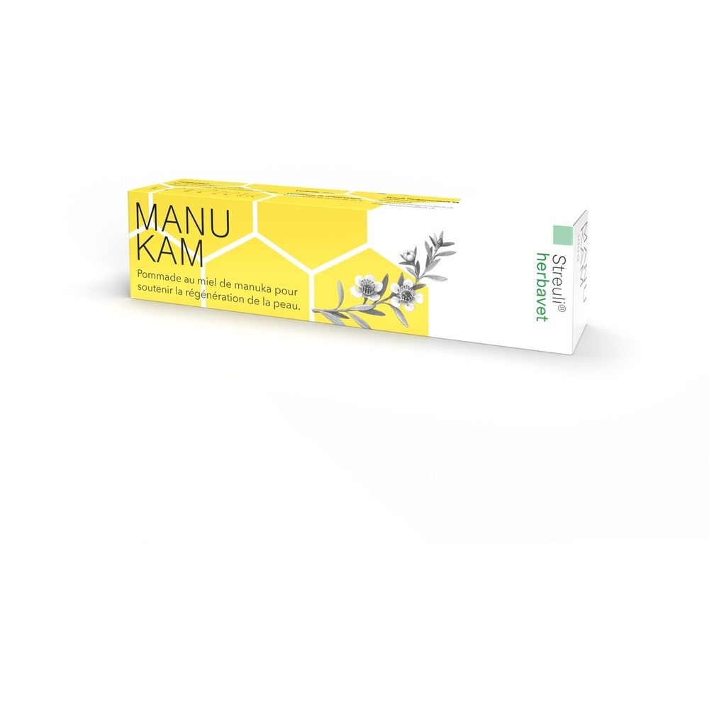 Gelbe Schachtel mit MANU KAM-Logo und Text. Streuli herbavet-Logo. Honigwaben-Design und Pflanzenabbildung.