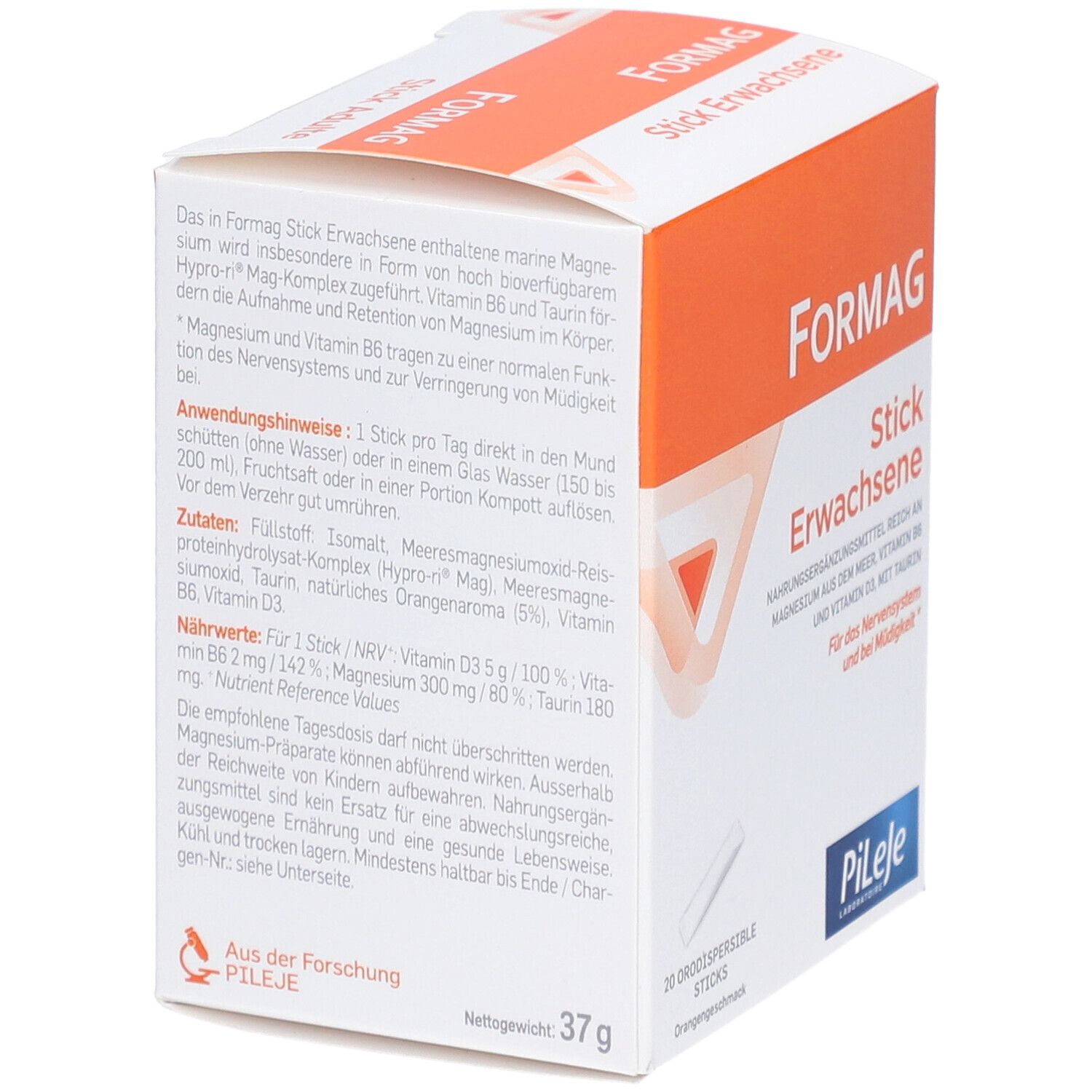 Boîte Formag Stick Erwachsene. Design orange et blanc. 20 sticks. Logo Pileje. Texte: Complément alimentaire.