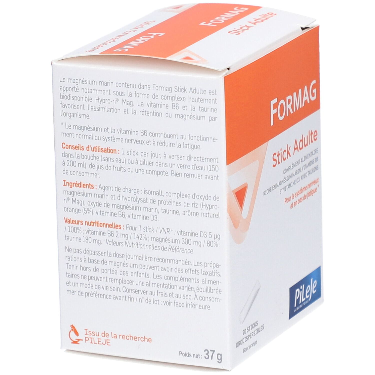 Boîte Formag Stick Adulte. Design orange et blanc. 20 sticks. Logo Pileje. Texte: Complément alimentaire.