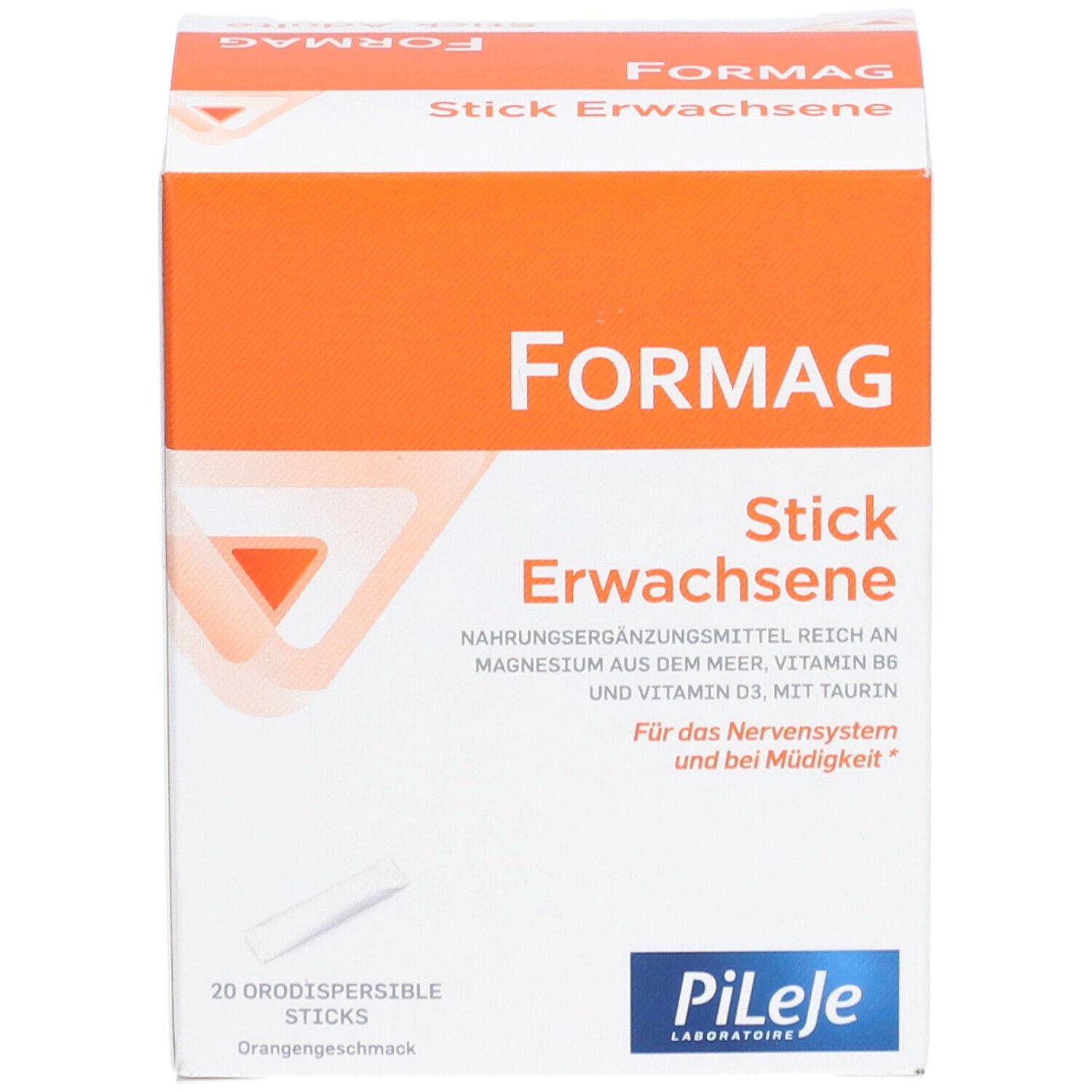 Boîte Formag Stick Erwachsene. Design orange et blanc. 20 sticks. Logo Pileje. Texte: Complément alimentaire.