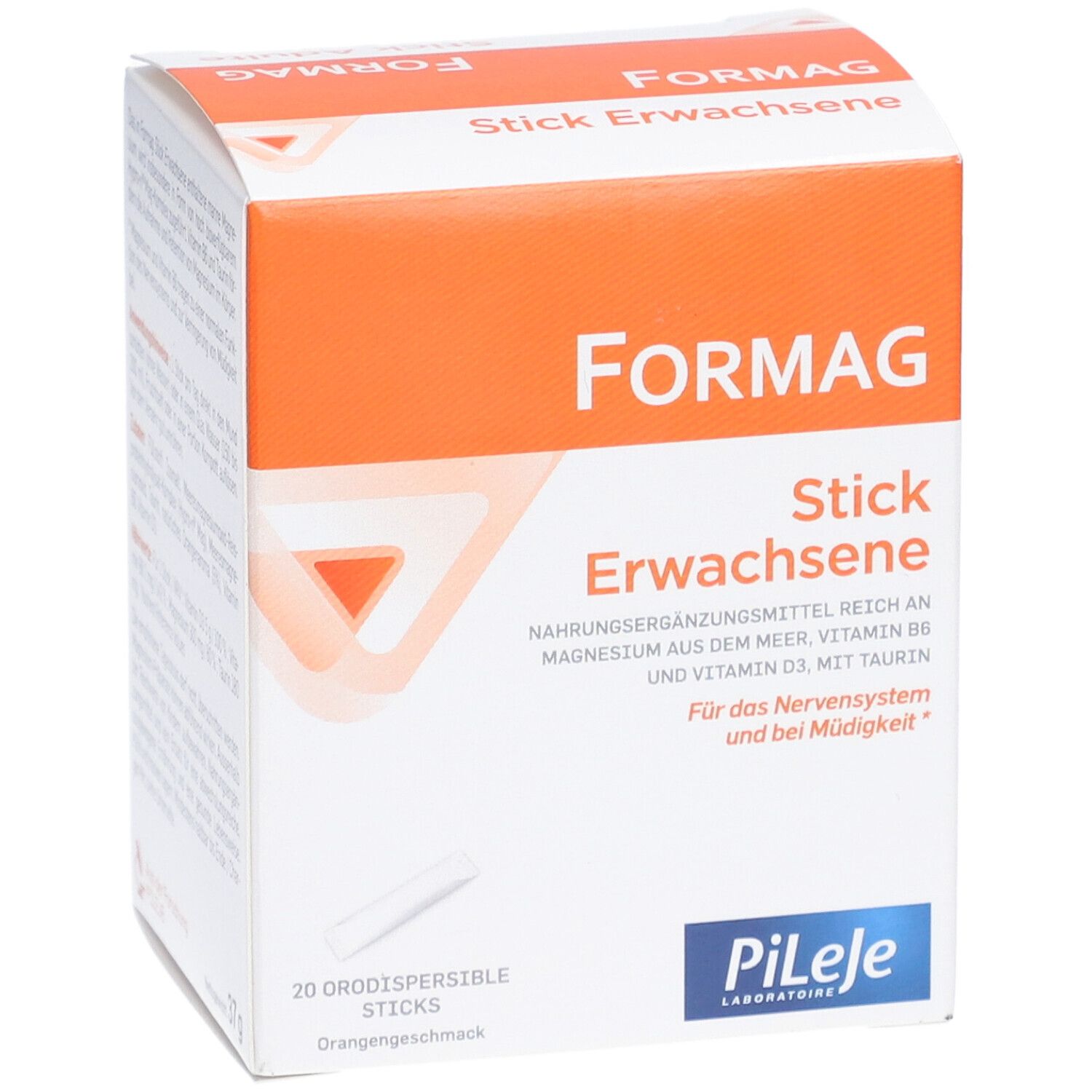 Boîte Formag Stick Erwachsene. Design orange et blanc. 20 sticks. Logo Pileje. Texte: Complément alimentaire.