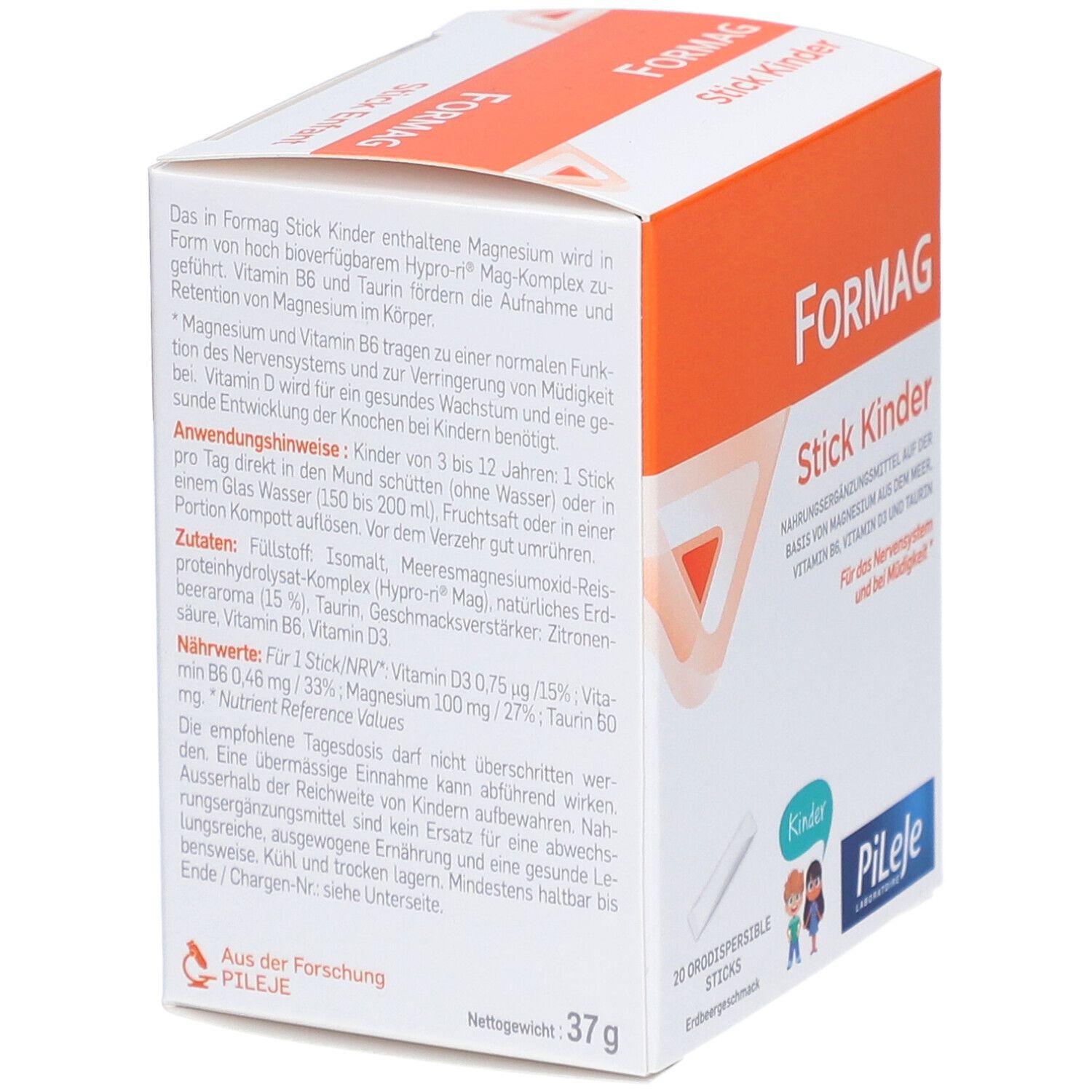 Formag Kinder Packung, Detailansicht. Enthält 20 orodispersible Sticks. Text: Inhaltsstoffe, Anwendungshinweise, Nährwertangaben. Marke: Pileje.