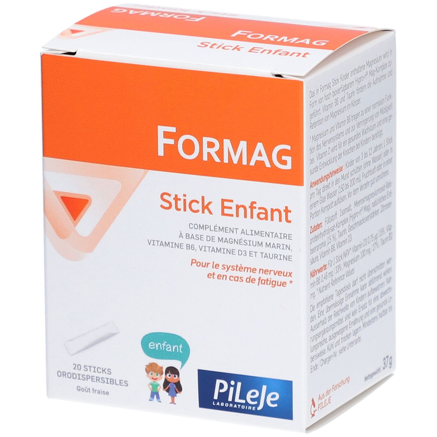 Formag Stick Enfant Packung. Enthält 20 orodispersible Sticks. Aufschrift: Nahrungsergänzungsmittel mit Magnesium, Vitamin B6, D3 und Taurin.