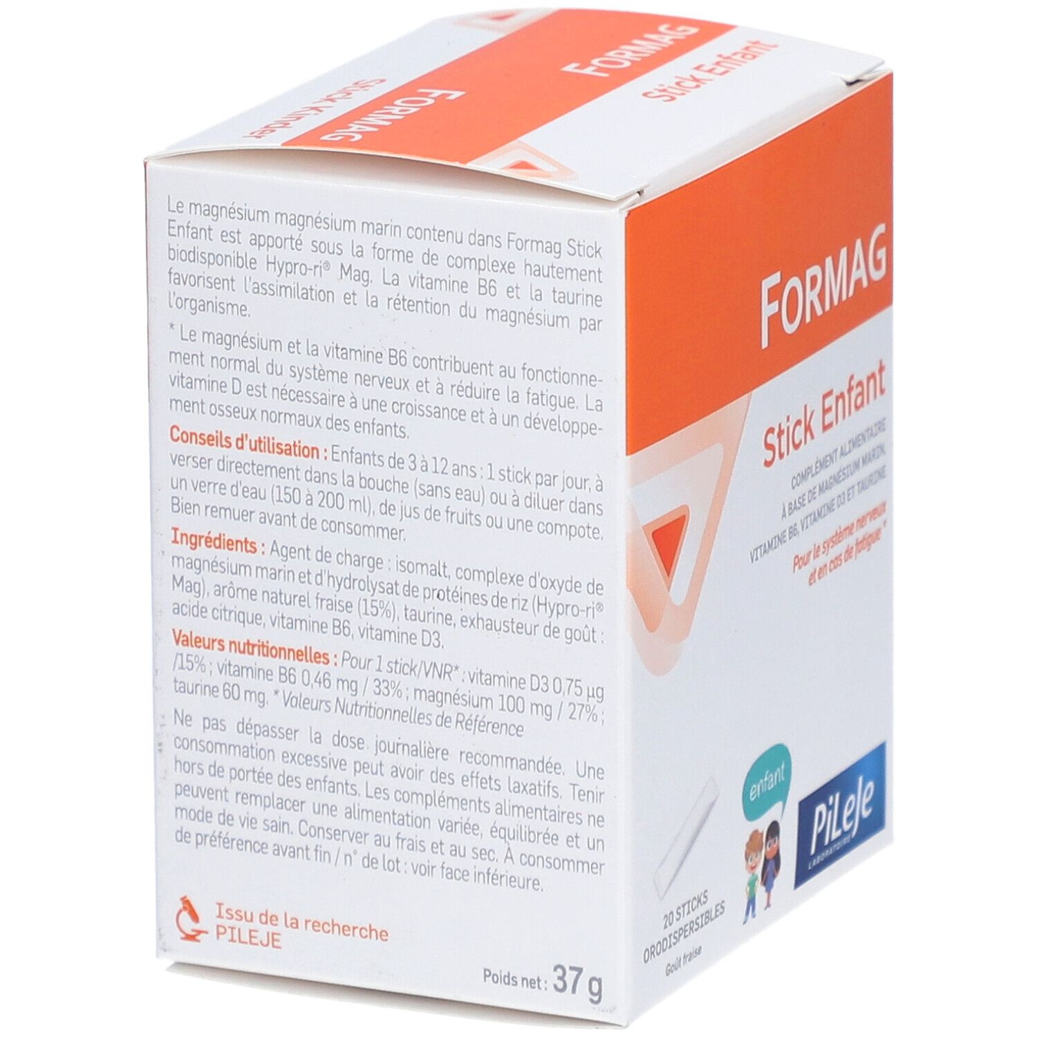 Formag Stick Enfant Packung, Detailansicht. Enthält 20 orodispersible Sticks. Text: Inhaltsstoffe, Anwendungshinweise, Nährwertangaben. Marke: Pileje.