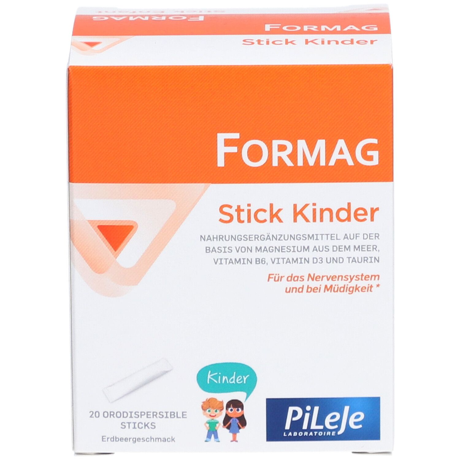 Formag Kinder Packung. Enthält 20 orodispersible Sticks. Aufschrift: Nahrungsergänzungsmittel mit Magnesium, Vitamin B6, D3 und Taurin. Erdbeergeschmack.