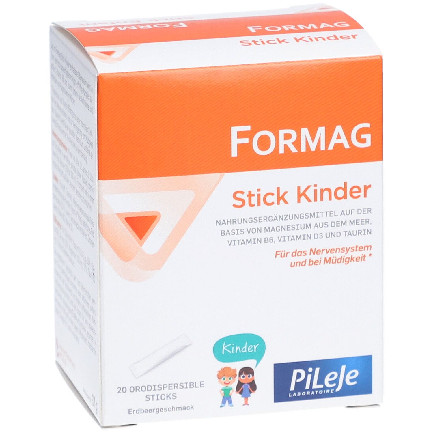Formag Kinder Packung. Enthält 20 orodispersible Sticks. Aufschrift: Nahrungsergänzungsmittel mit Magnesium, Vitamin B6, D3 und Taurin. Marke: Pileje.