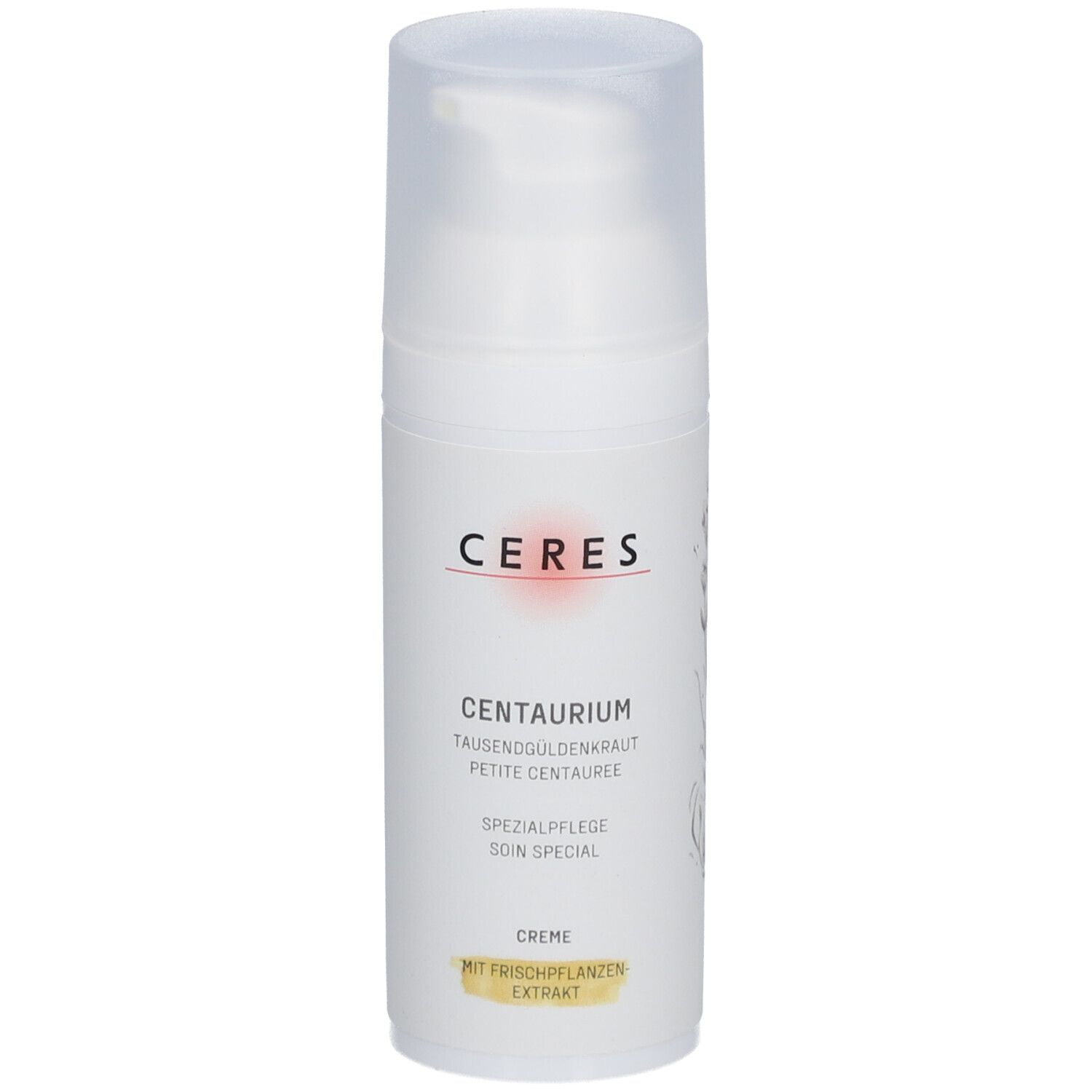Weiße Flasche mit Pumpverschluss. Aufschrift CERES, CENTAURIUM, Spezialpflege, Creme. Mit Pflanzenextrakt.