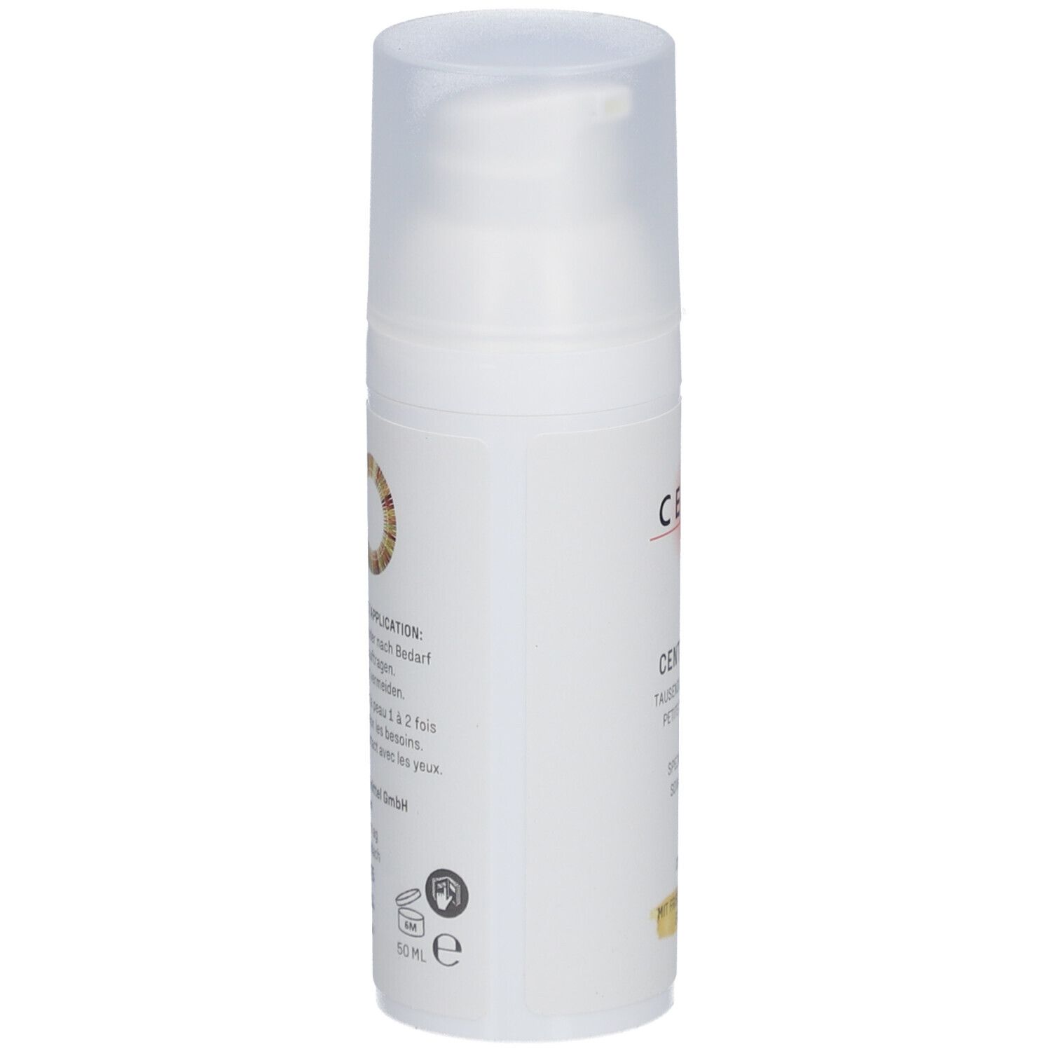 Weiße Flasche mit Pumpverschluss. Aufschrift CERES, CENTAURIUM, Spezialpflege, Creme. Mit Pflanzenextrakt. Seitenansicht.