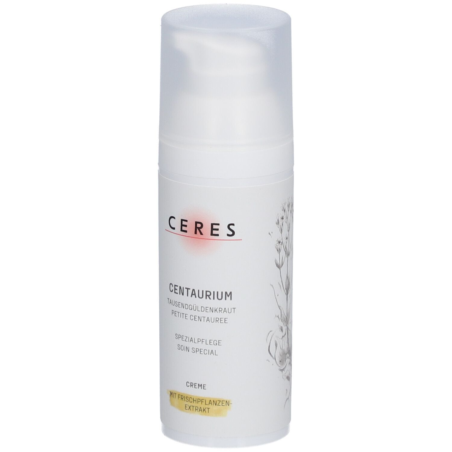 Weiße Flasche mit Pumpverschluss. Aufschrift CERES, CENTAURIUM, Spezialpflege, Creme. Mit Pflanzenextrakt.