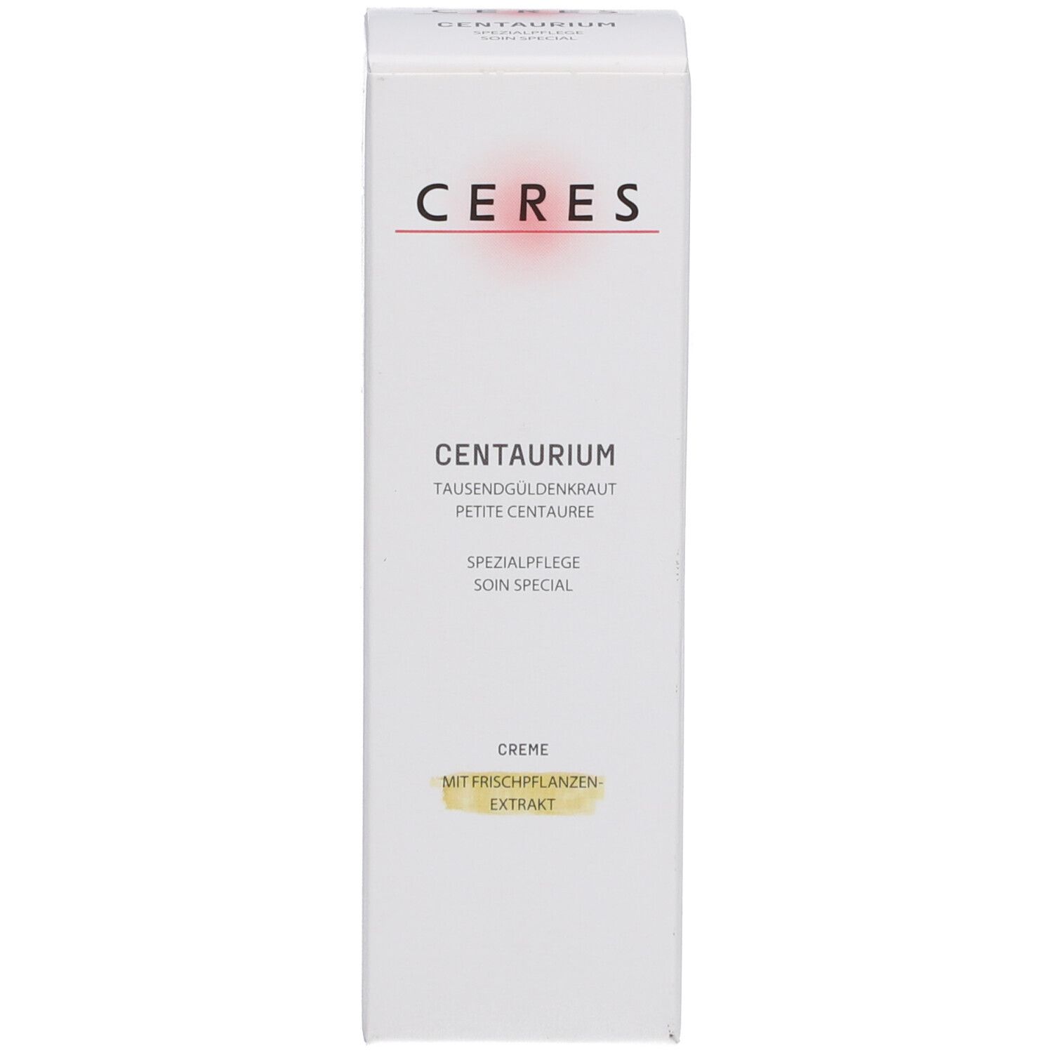 Produktverpackung. Aufschrift CERES, CENTAURIUM, Spezialpflege, Creme. Mit Pflanzenextrakt.