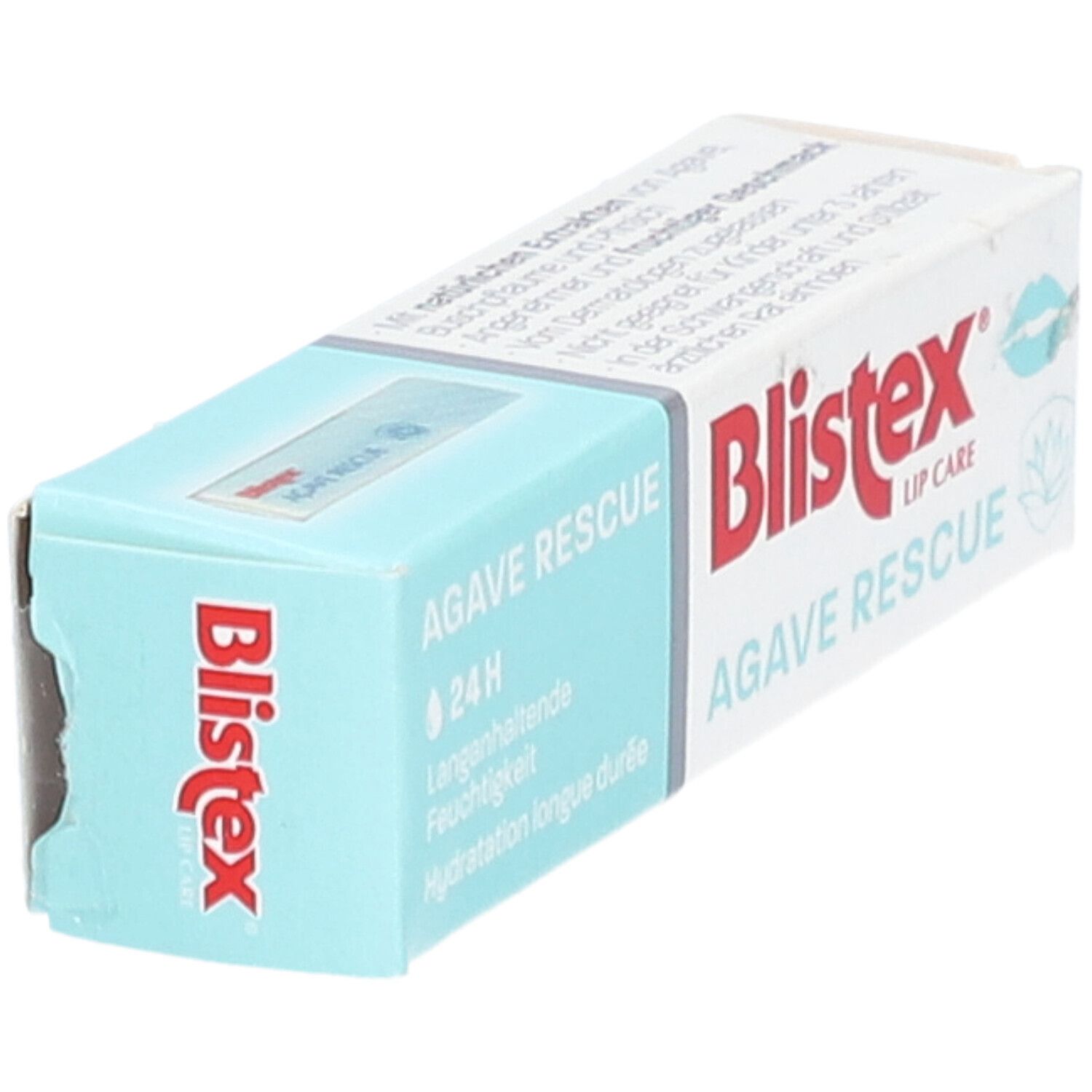 Blistex Agave Rescue-Verpackung. Türkis-weiße Schachtel. Produktname und Logo deutlich sichtbar.