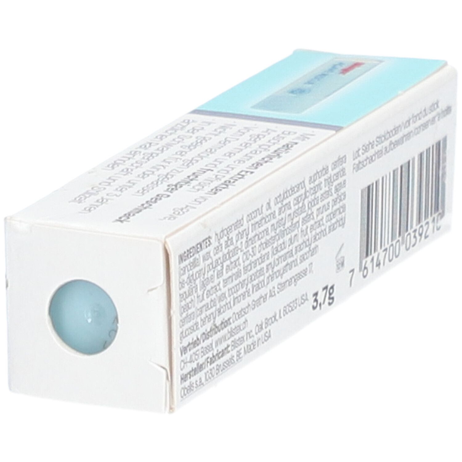 Blistex Agave Rescue-Verpackung. Enthält Inhaltsstoffe und Gewicht. Weiße Schachtel mit Text.