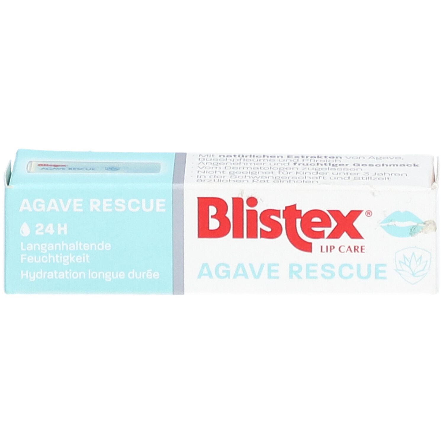 Blistex Agave Rescue-Verpackung. Türkis-weiße Schachtel. Produktname und Logo deutlich sichtbar.