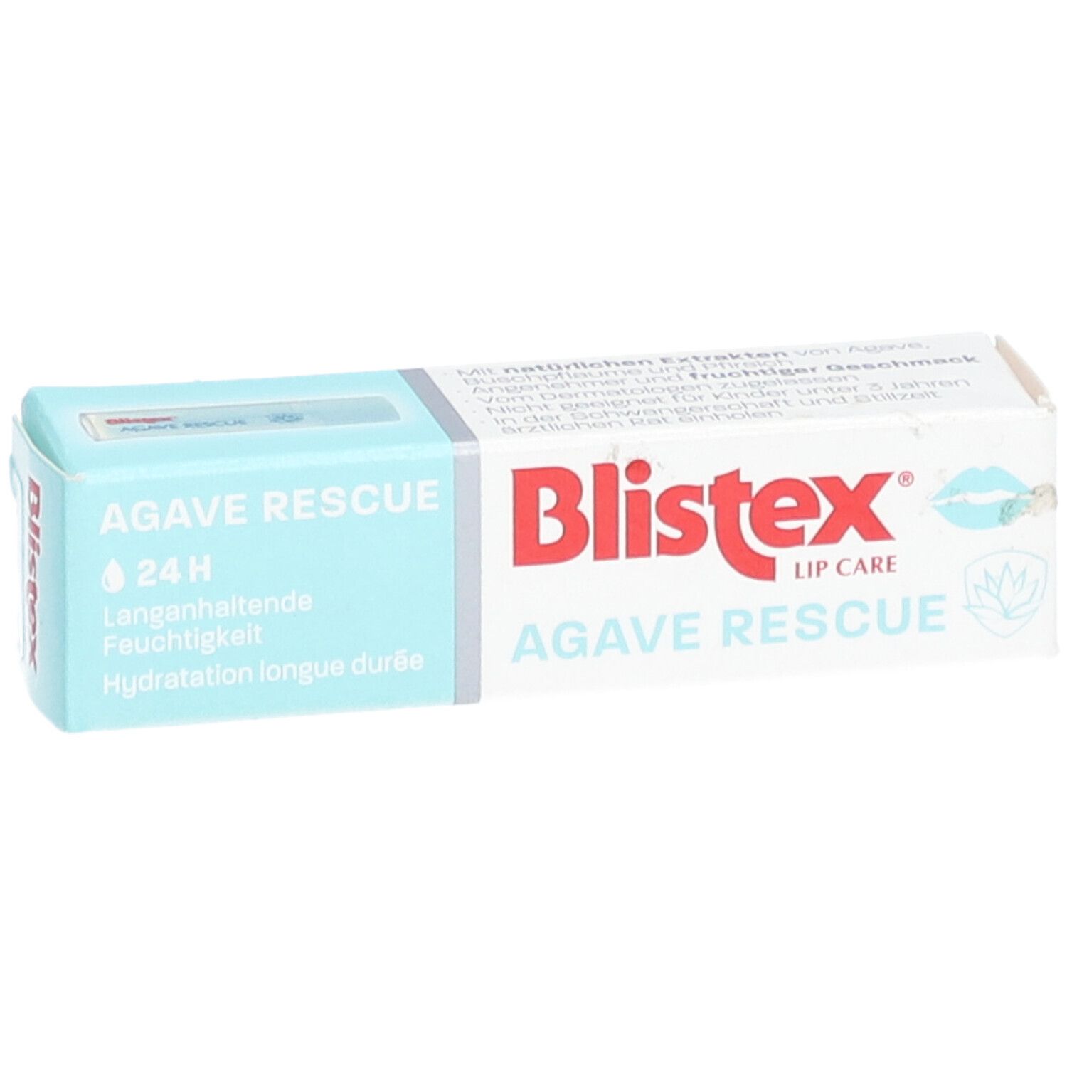 Blistex Agave Rescue-Verpackung. Türkis-weiße Schachtel. Produktname und Logo deutlich sichtbar.