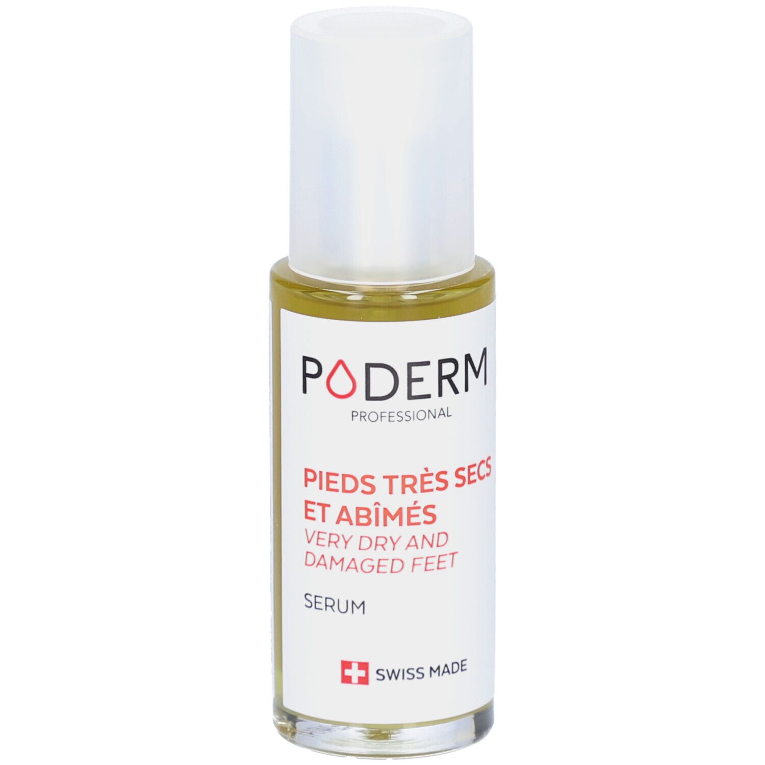 Serumflasche mit weißem Deckel. Aufschrift: PODERM, PIEDS TRÈS SECS ET ABÎMÉS, VERY DRY AND DAMAGED FEET, SERUM, Swiss Made.