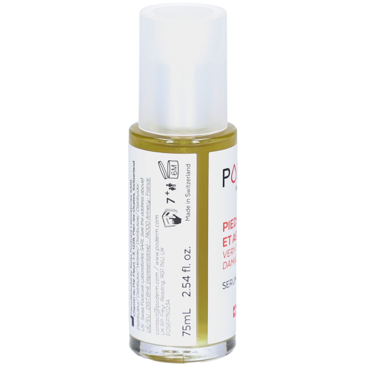 Serumflasche mit weißem Deckel. Aufschrift: PODERM, PIEDS TRÈS SECS ET ABÎMÉS, VERY DRY AND DAMAGED FEET, SERUM, Swiss Made. 75ml.