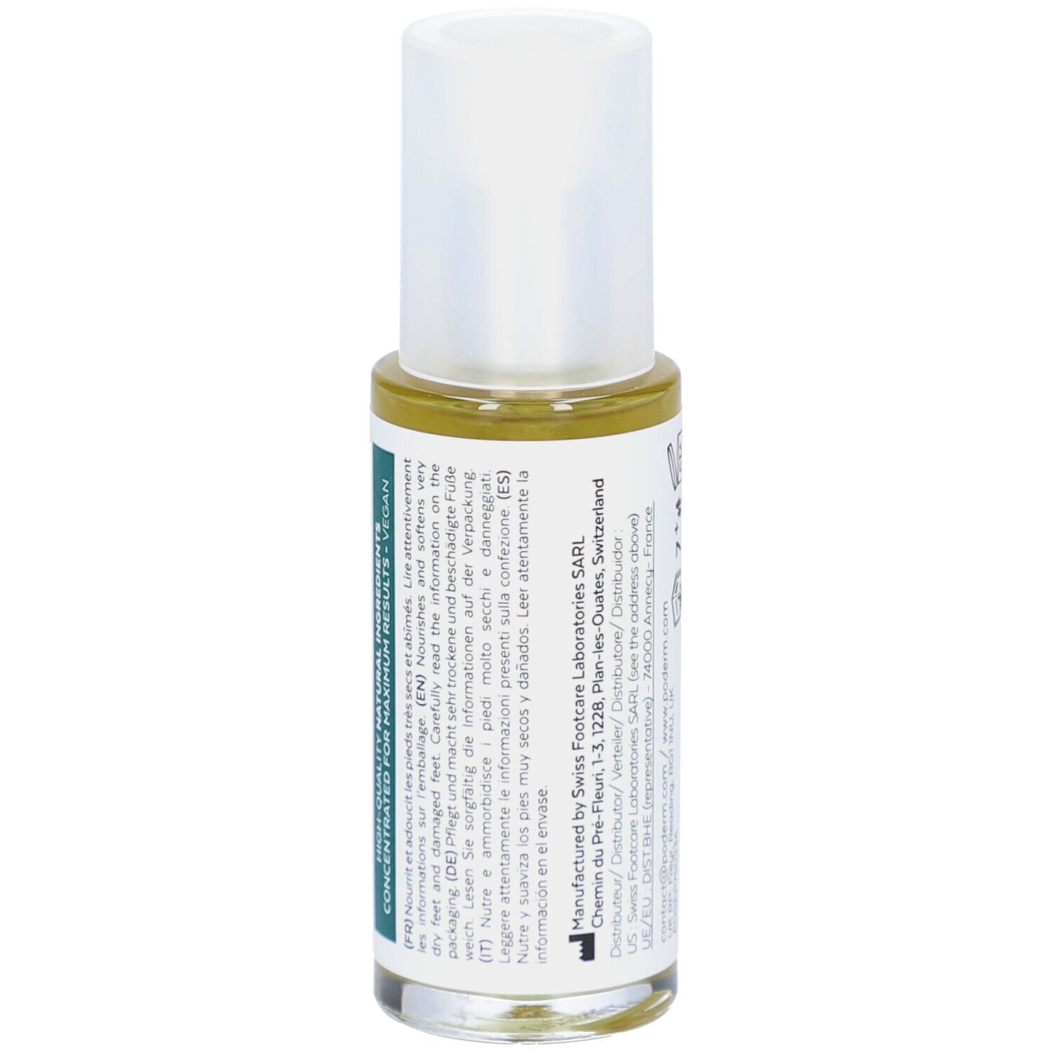 Serumflasche mit weißem Deckel. Aufschrift: PODERM, PIEDS TRÈS SECS ET ABÎMÉS, VERY DRY AND DAMAGED FEET, SERUM. Vegan.