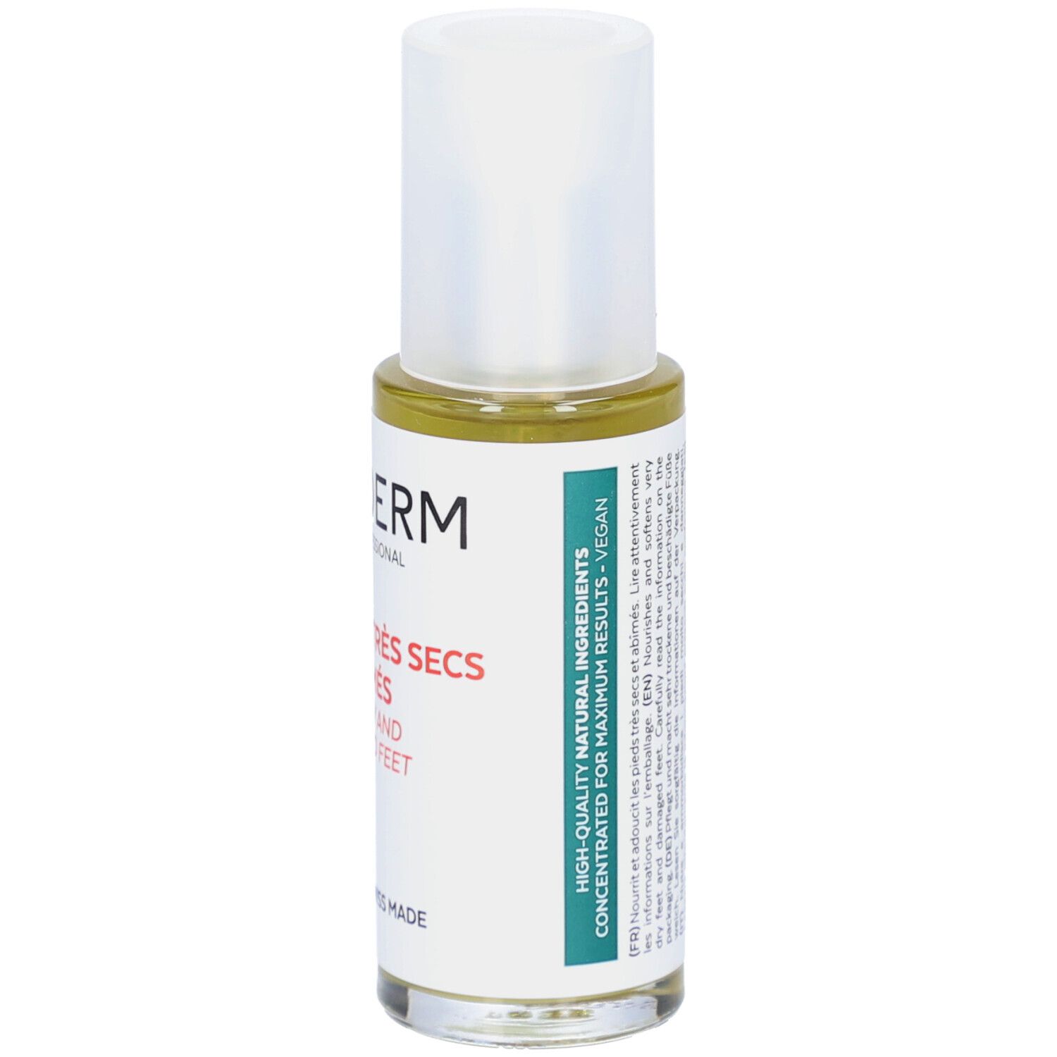 Serumflasche mit weißem Deckel. Aufschrift: PODERM, PIEDS TRÈS SECS ET ABÎMÉS, VERY DRY AND DAMAGED FEET, SERUM. Vegan. High-Quality Natural Ingredients.