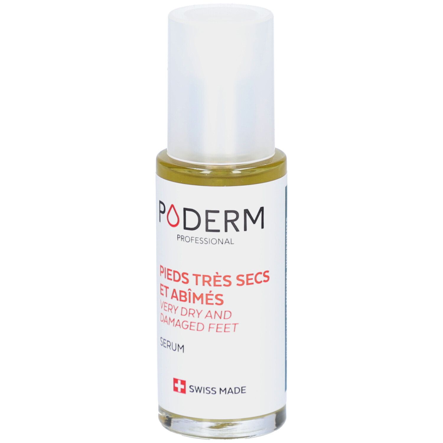 Serumflasche mit weißem Deckel. Aufschrift: PODERM, PIEDS TRÈS SECS ET ABÎMÉS, VERY DRY AND DAMAGED FEET, SERUM, Swiss Made.
