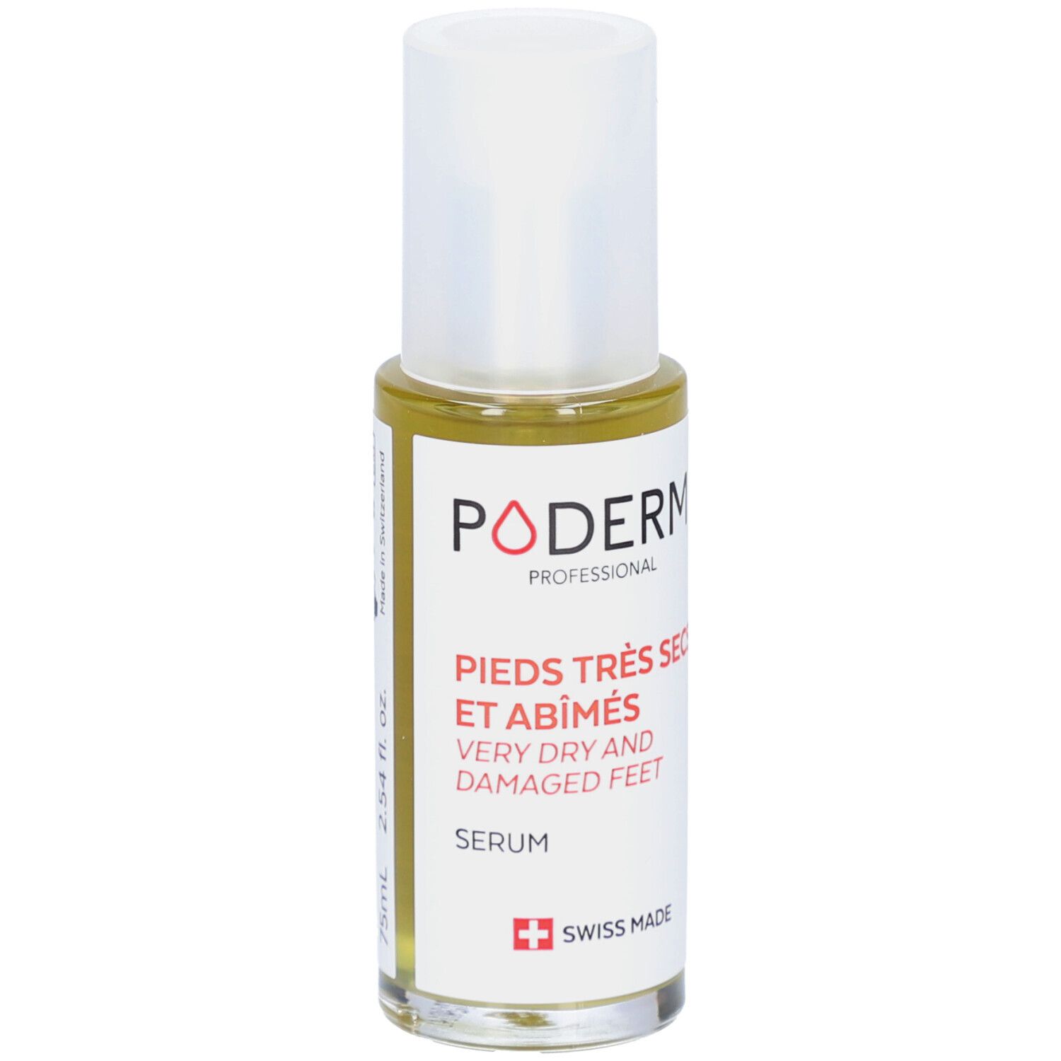 Serumflasche mit weißem Deckel. Aufschrift: PODERM, PIEDS TRÈS SECS ET ABÎMÉS, VERY DRY AND DAMAGED FEET, SERUM, Swiss Made. 75ml.