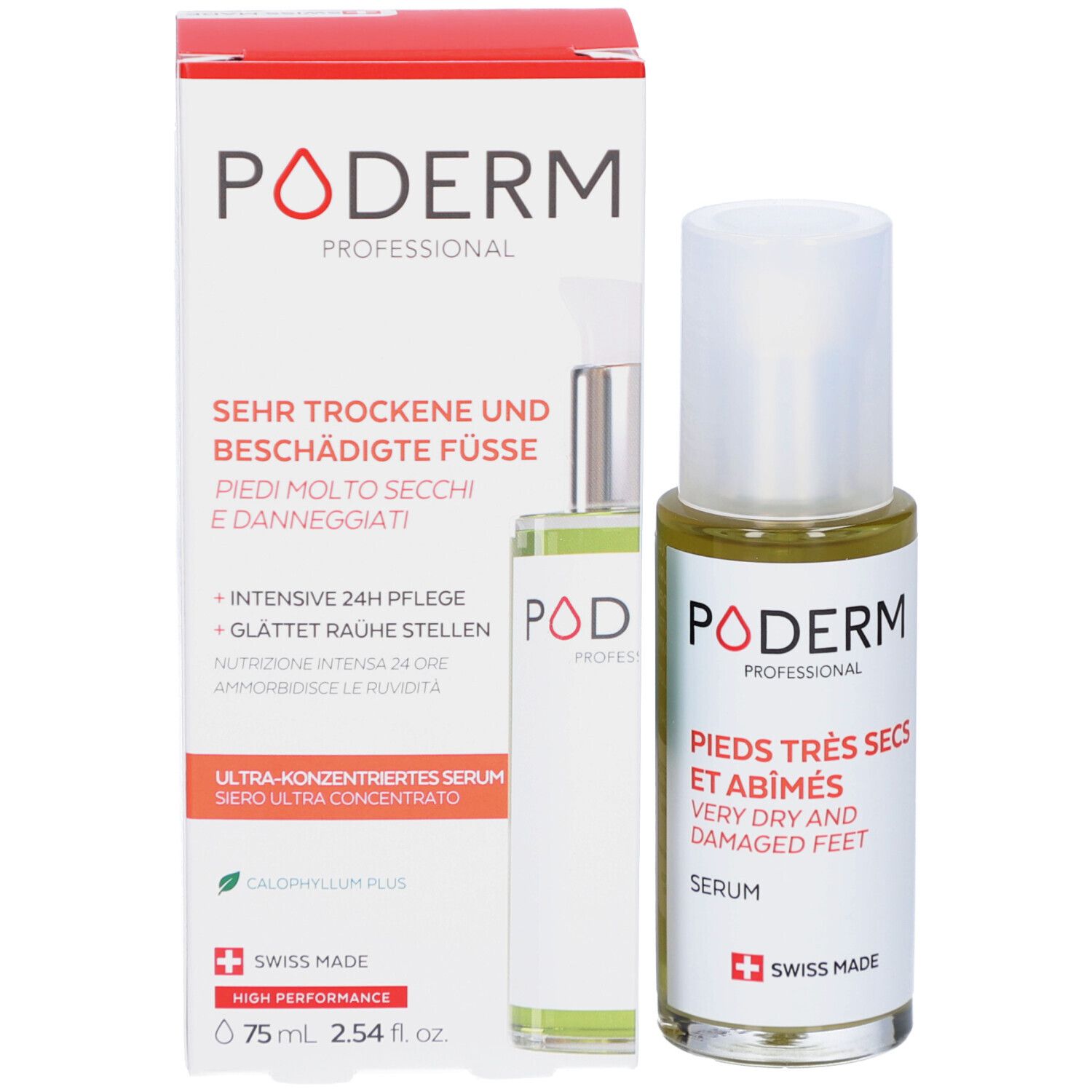 Produktverpackung und Serumflasche. Aufschrift: PODERM, SEHR TROCKENE UND BESCHÄDIGTE FÜSSE, ULTRA-KONZENTRIERTES SERUM, 75ml.