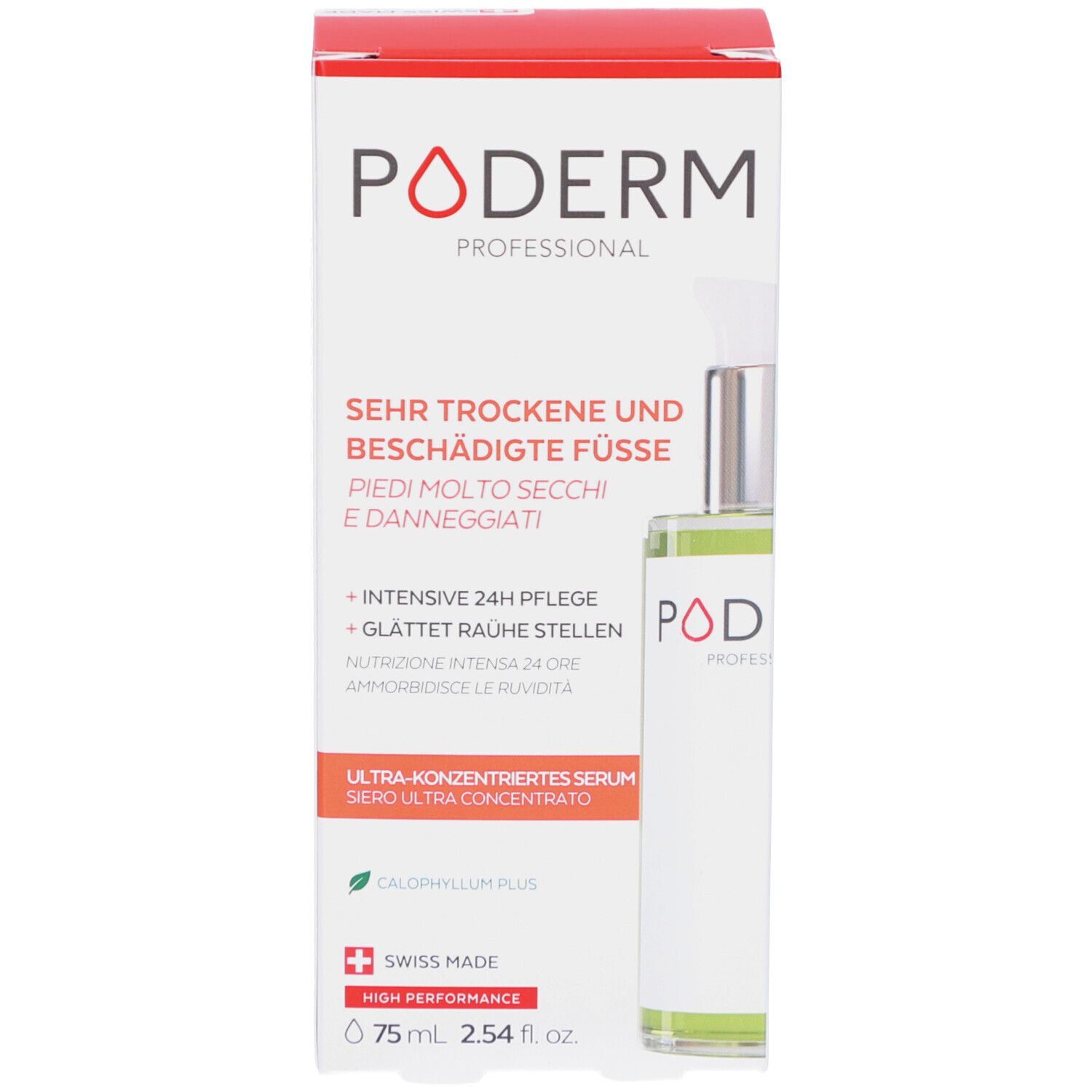 Produktverpackung. Aufschrift: PODERM, SEHR TROCKENE UND BESCHÄDIGTE FÜSSE, ULTRA-KONZENTRIERTES SERUM, 75ml.