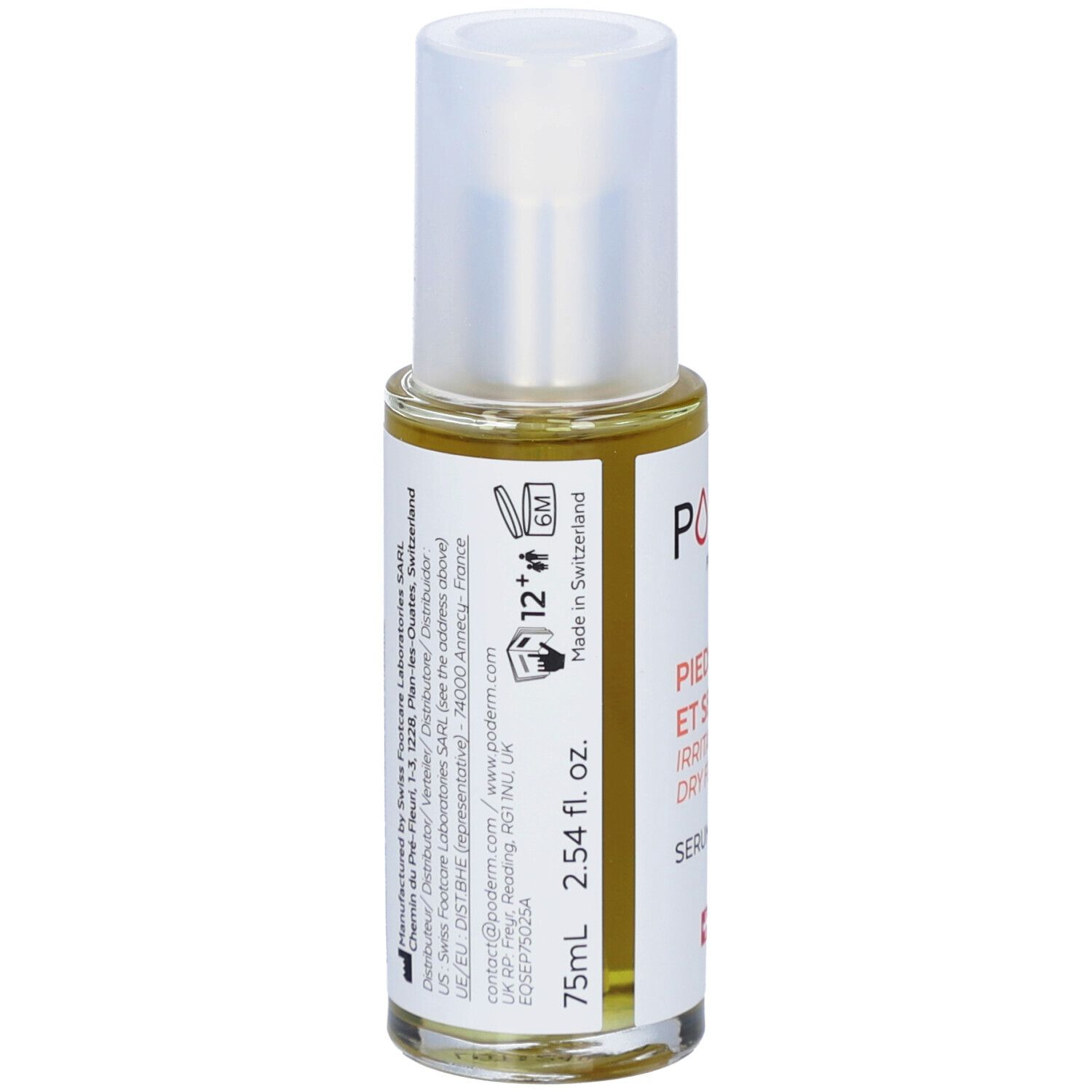 Serumflasche mit weißem Deckel. Aufschrift: PODERM, PIEDS IRRITÉS ET SECS, IRRITATED AND DRY FEET, SERUM, Swiss Made. 75ml, 2.54 fl. oz.
