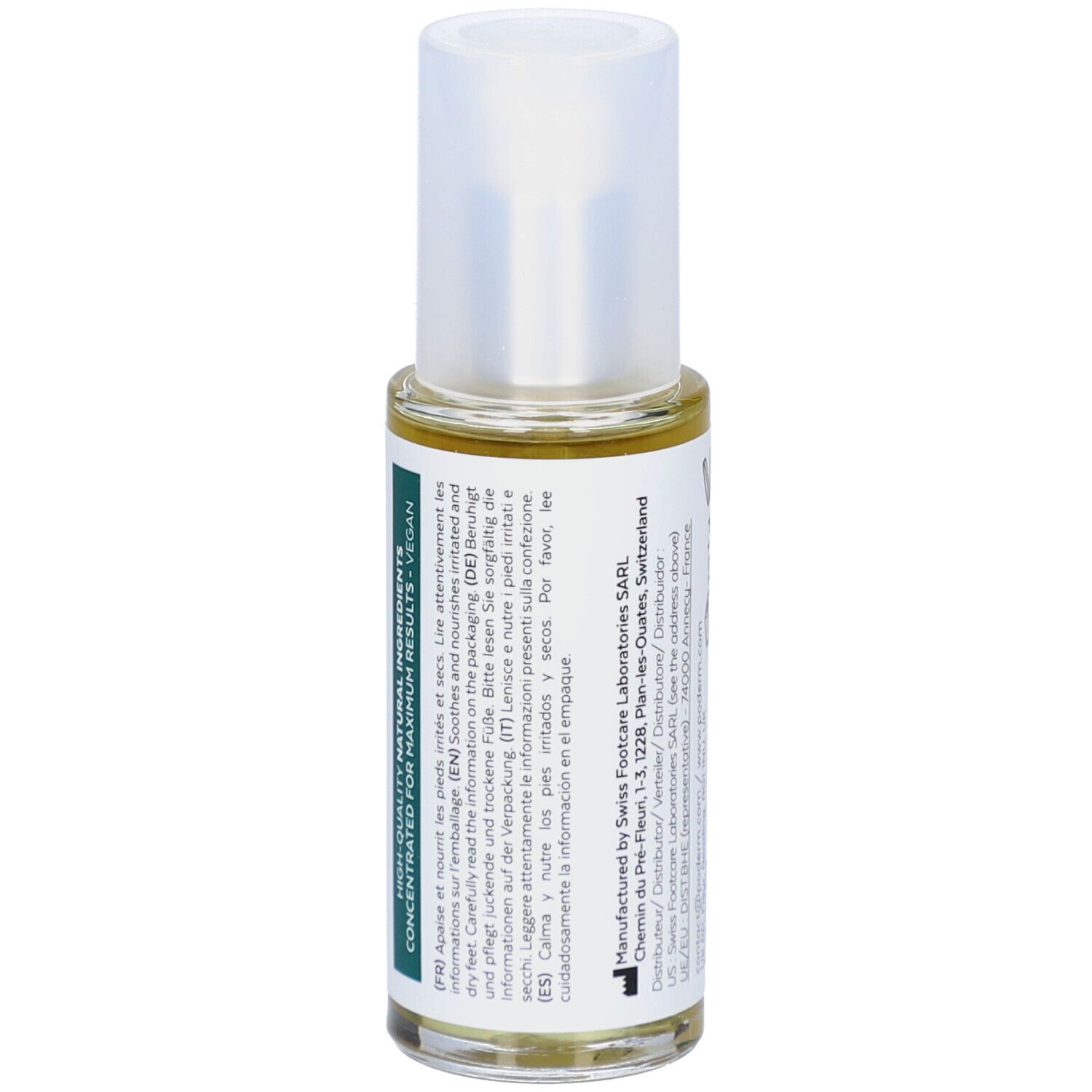 Serumflasche mit weißem Deckel. Aufschrift: PODERM, PIEDS IRRITÉS ET SECS, IRRITATED AND DRY FEET, SERUM. Auf der Seite Text.