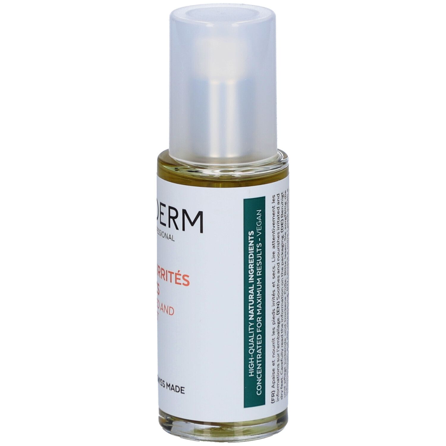 Serumflasche mit weißem Deckel. Aufschrift: PODERM, PIEDS IRRITÉS ET SECS, IRRITATED AND DRY FEET, SERUM. Auf der Seite Text.