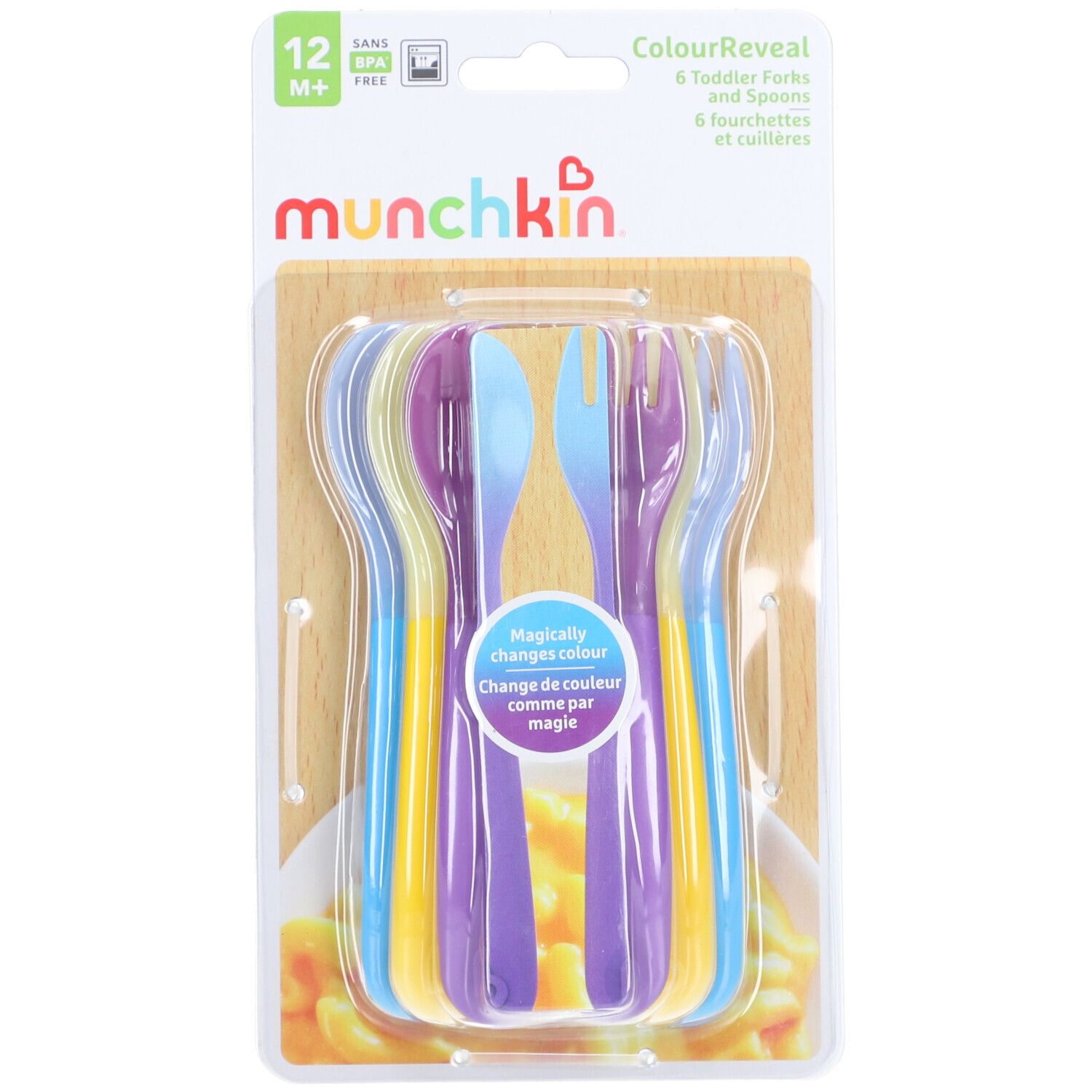 Sechs Gabeln und Löffel in verschiedenen Farben, in Verpackung. "ColourReveal" und "munchkin" Schriftzug.