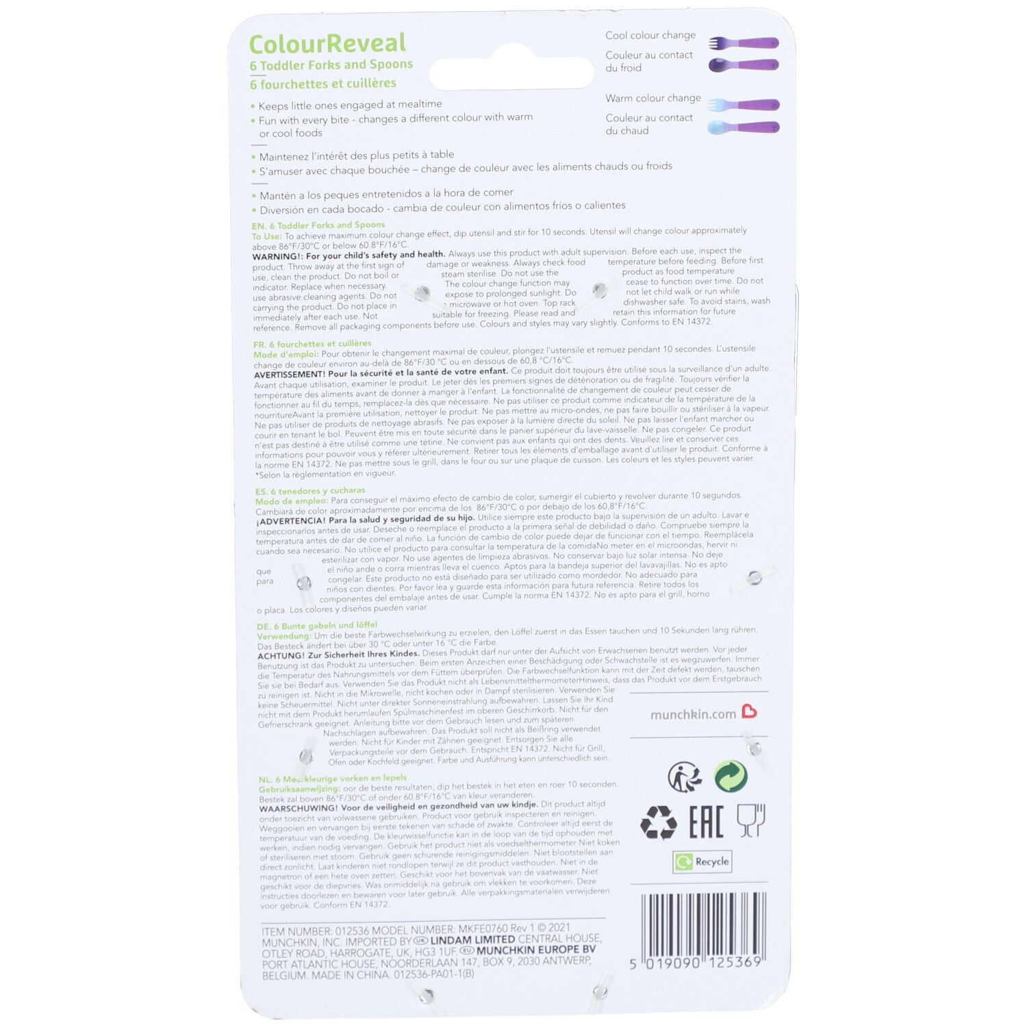 Rückseite der Verpackung mit Text in mehreren Sprachen. Produktname und Logos.
