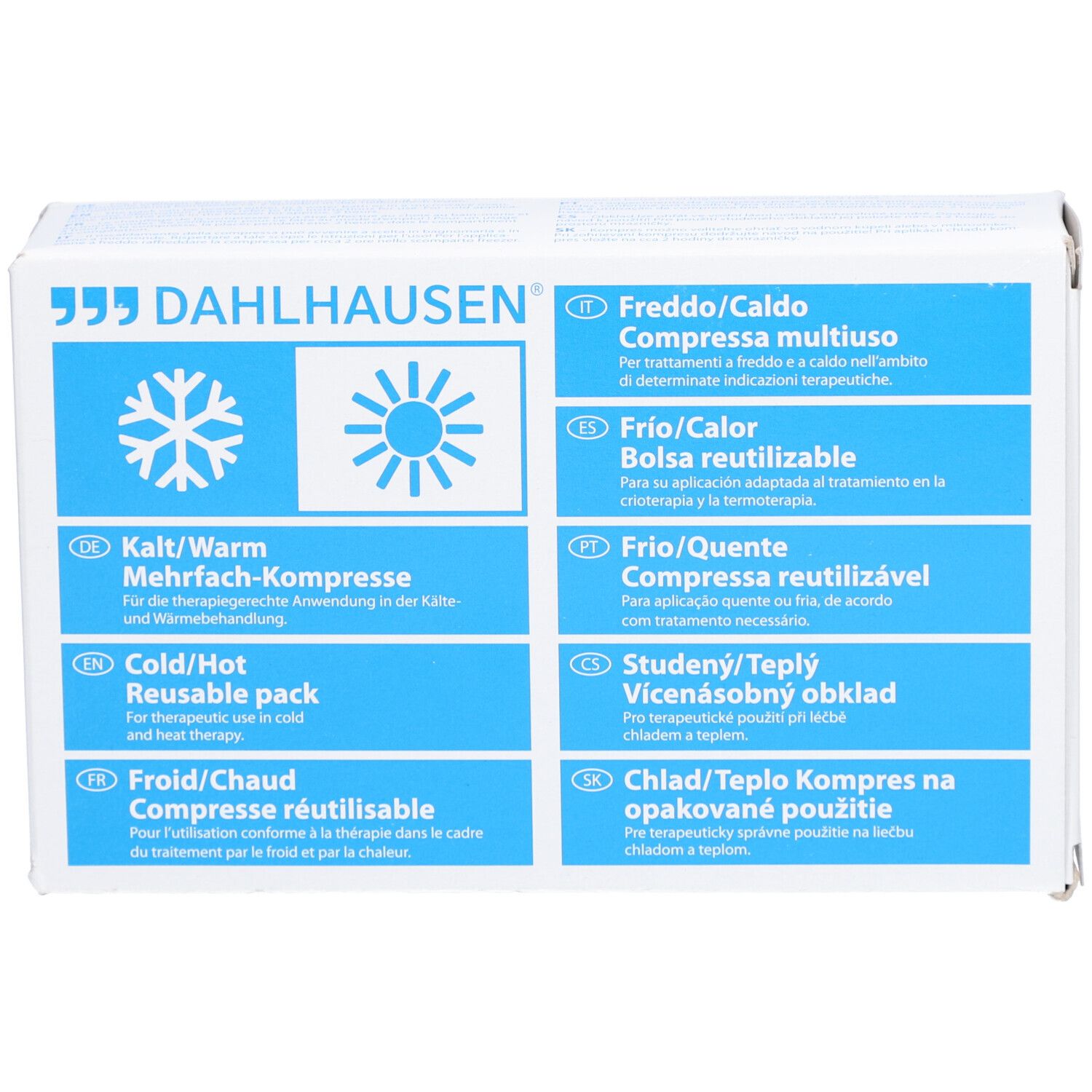 Verpackung mit Logo und Piktogrammen für Kalt-/Warmkompresse. Mehrsprachige Hinweise.