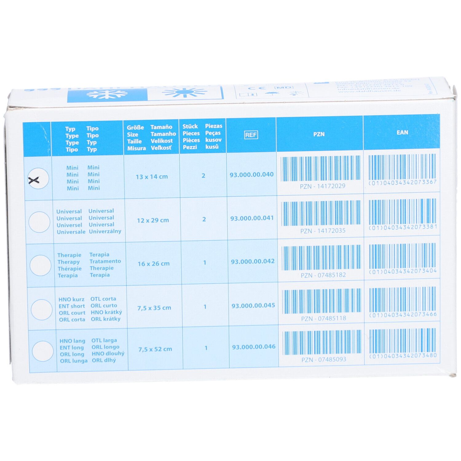 Rückseite der Verpackung mit Produktdetails und Barcodes. Größenangaben.