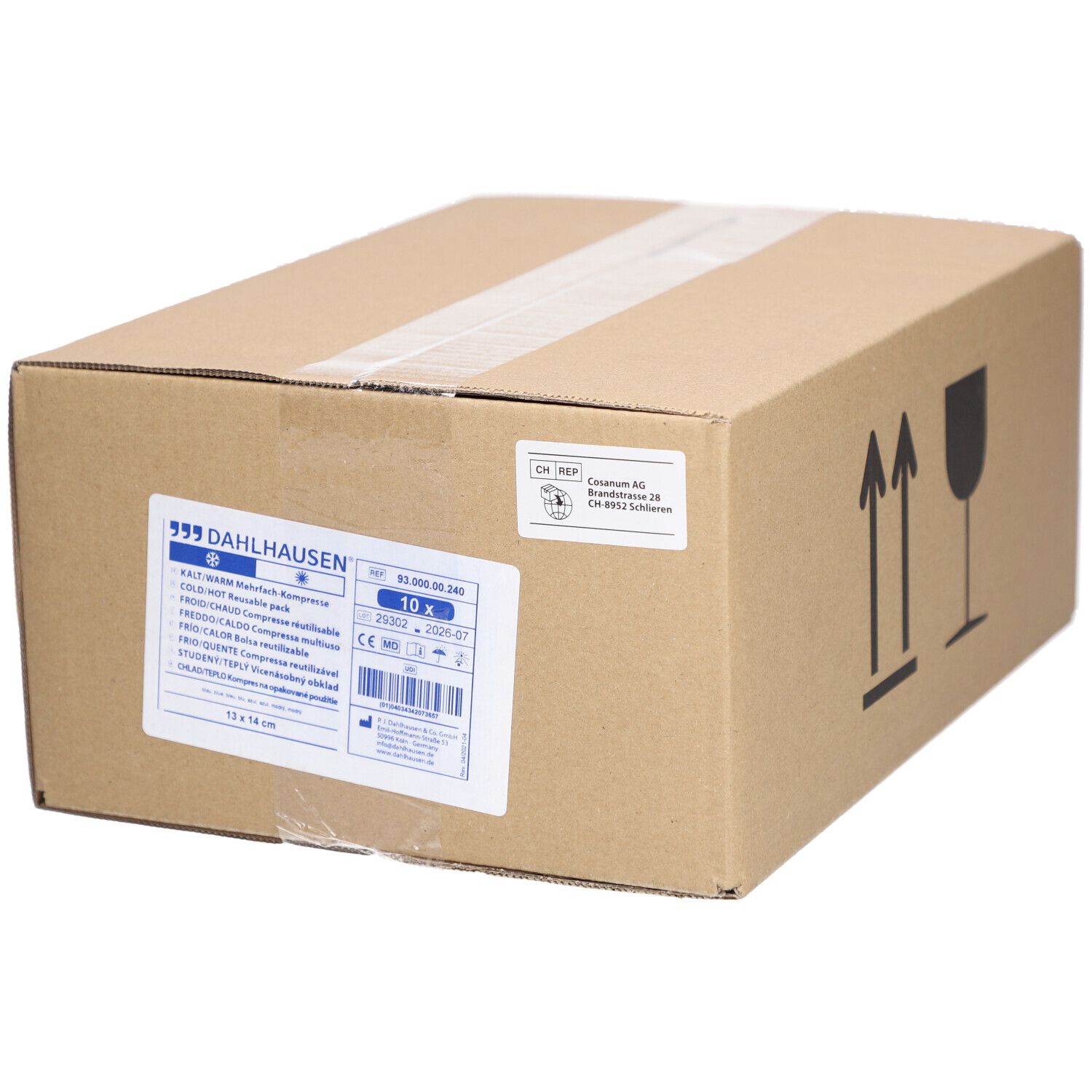 Kartonverpackung mit Produktetikett. Etikett mit Produktname, Größe 13 x 14 cm, und DAHLHAUSEN Logo. Pfeil- und Glas-Symbole.